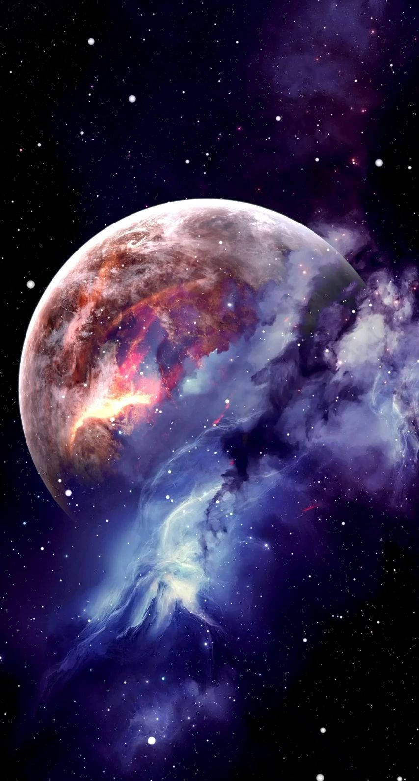 The Moon And Galaxy Live, glowing planet, fiery red and orange surface details, HD Phone Wallpaper