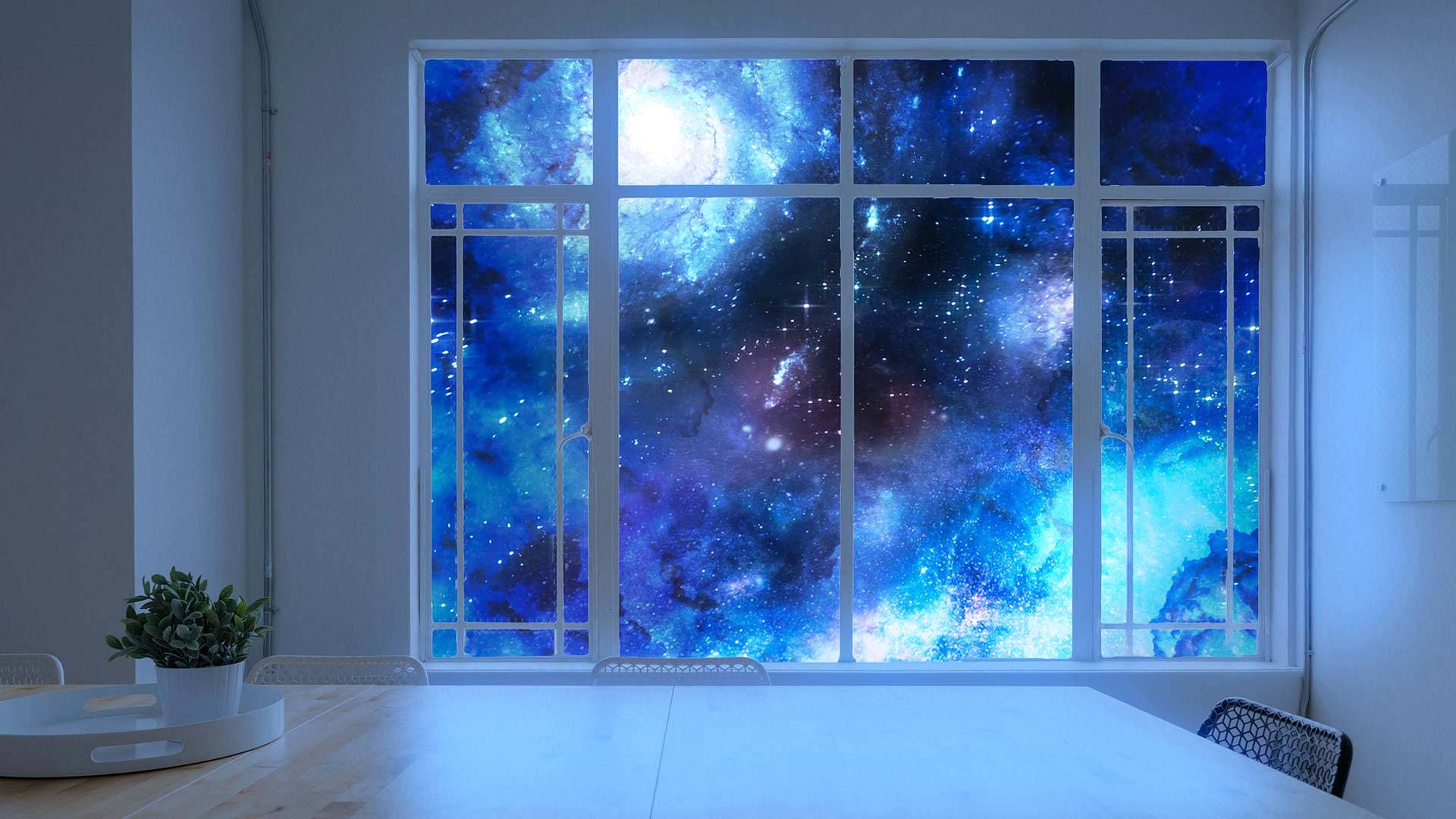 Galaxy Window Webex Virtual Background, cosmic nebula, swirling blues, Full HD Desktop Wallpaper