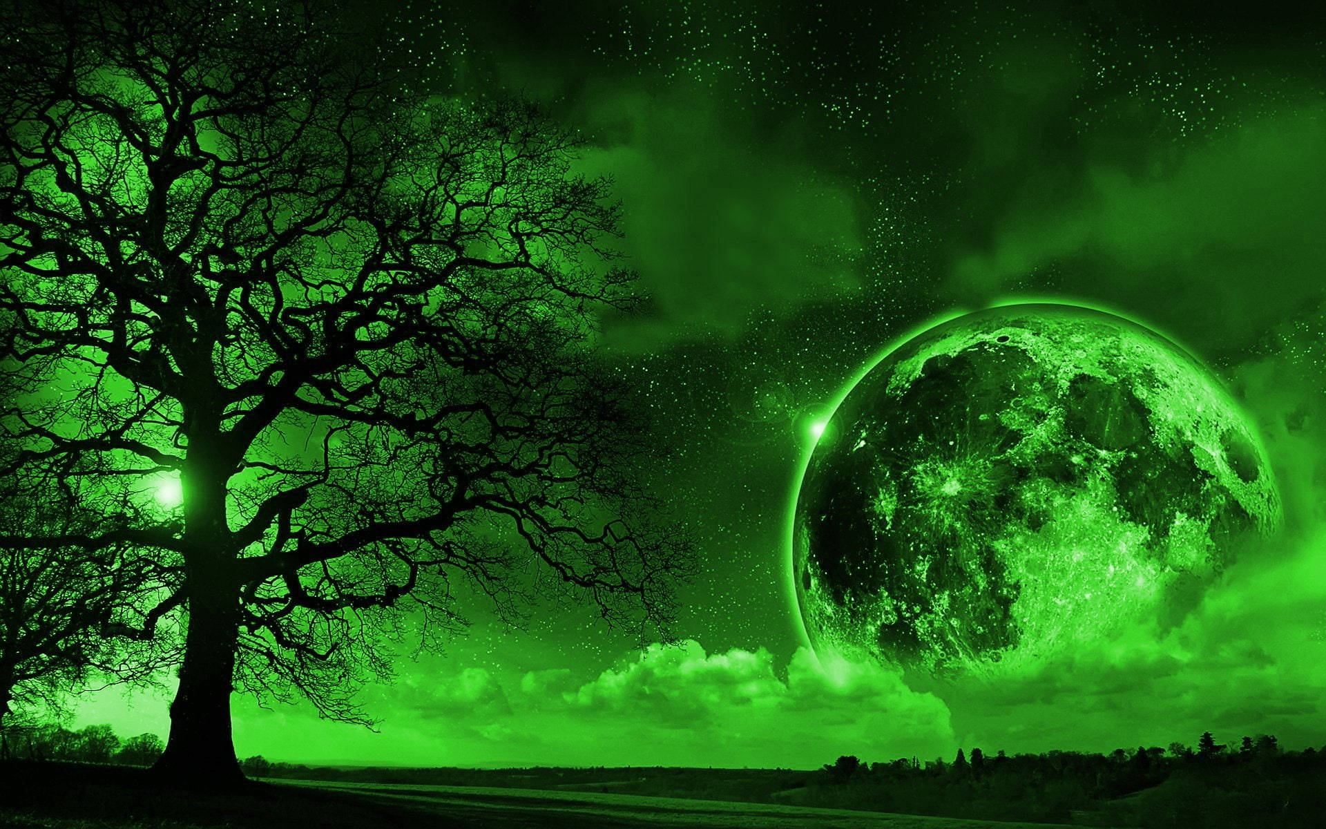 Galaxy Moon, green night sky, surreal green night sky, Full HD Desktop Wallpaper