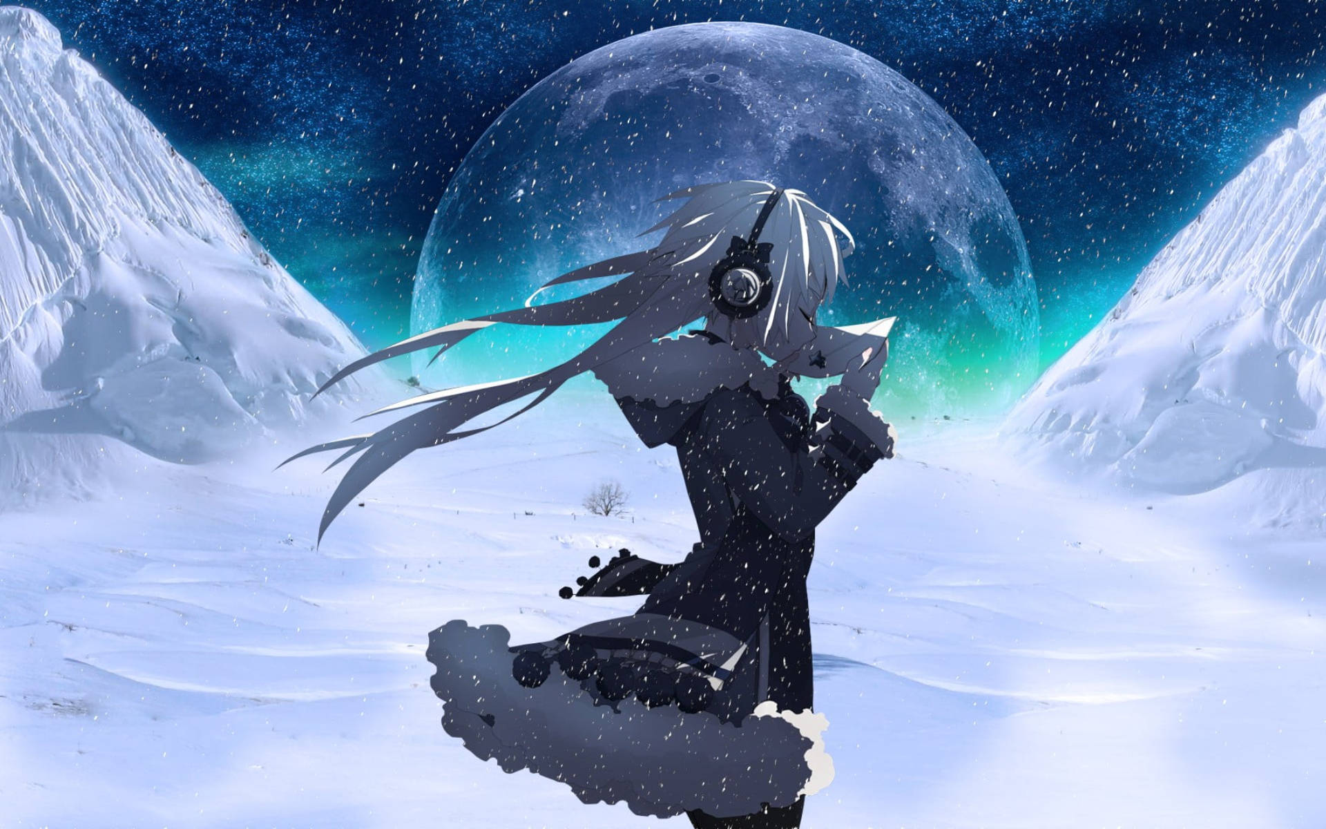 anime girl, white hair, headphones, Full HD Desktop Wallpaper