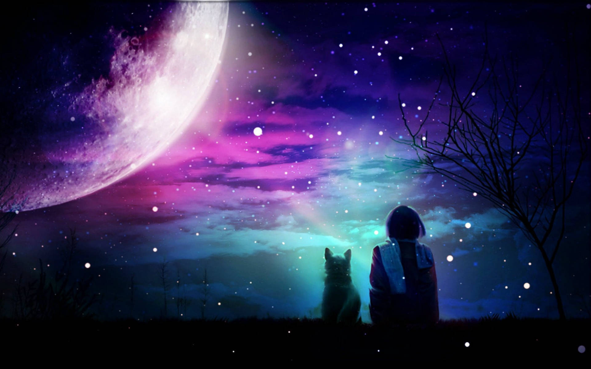 Purple Galaxy Moon, glowing moon, starry purple blue sky, Full HD Desktop Wallpaper
