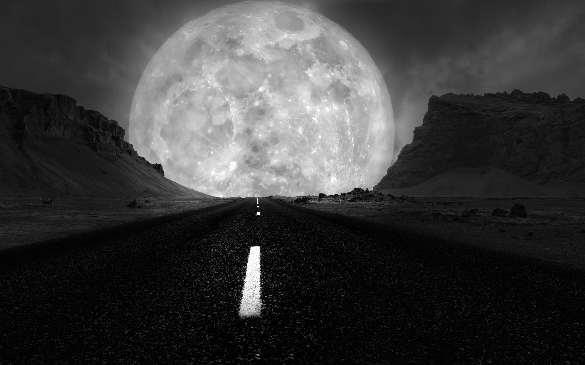 grayscale road, galaxy moon, desert road, Full HD Desktop Wallpaper