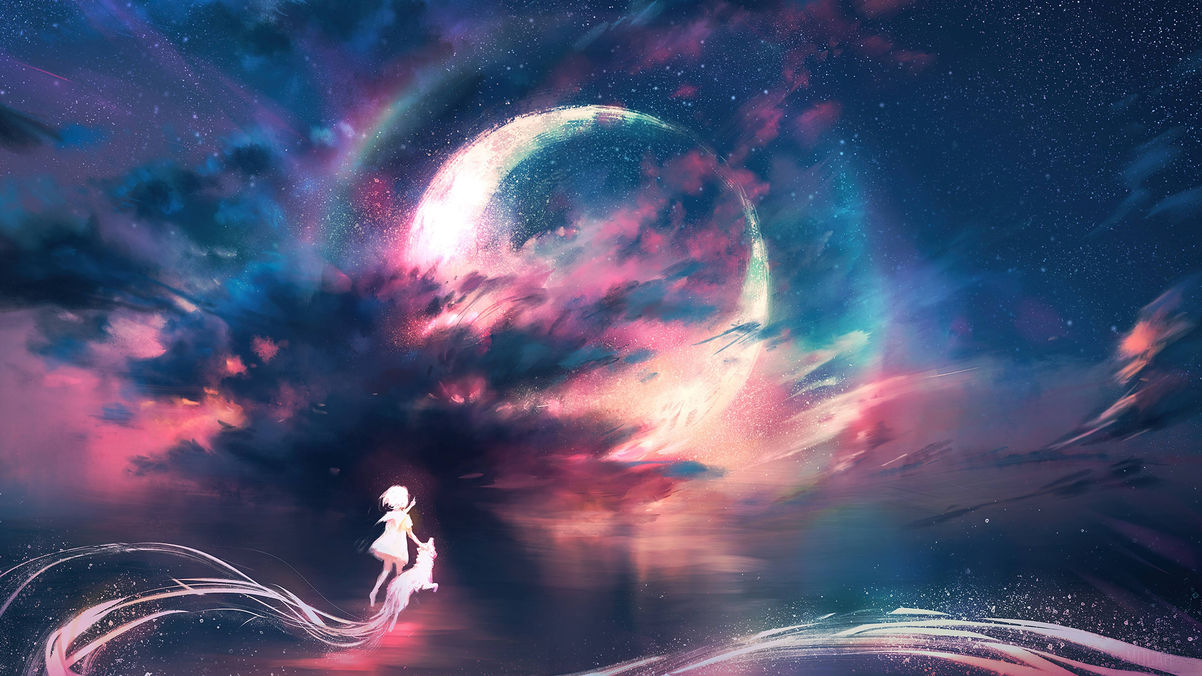 Galaxy Moon, anime girl, fox companion, 4K Desktop Wallpaper