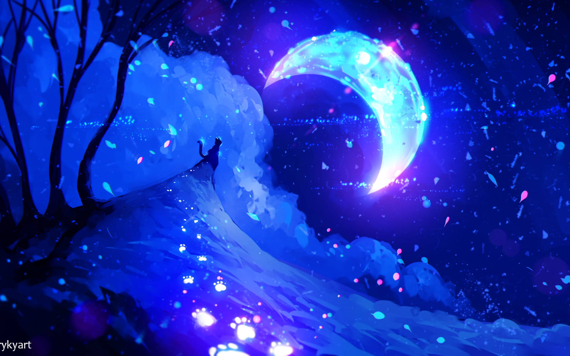 Galaxy Moon, crescent moon, glowing blue wave, Full HD Desktop Wallpaper