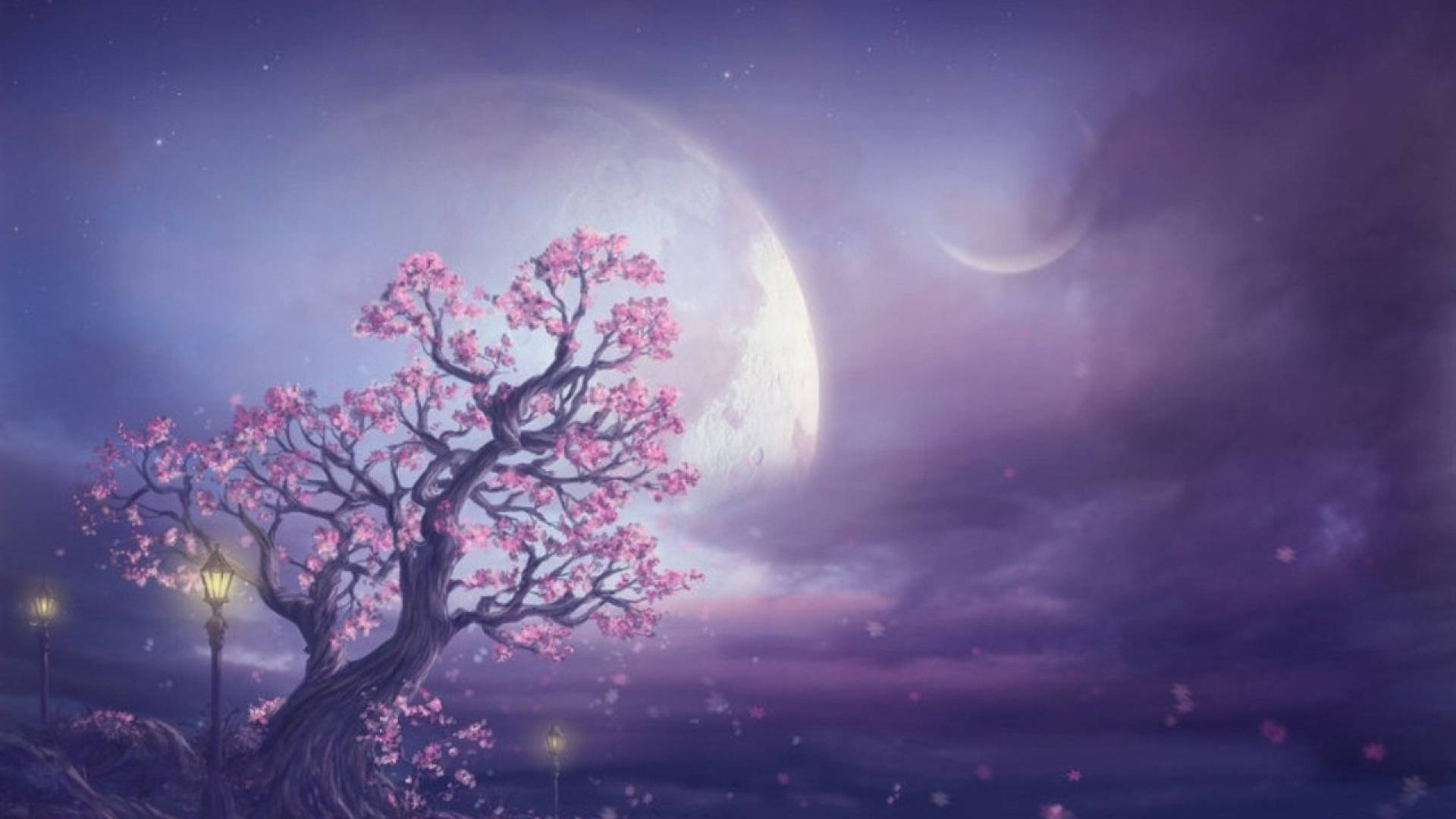 Galaxy Moon, cherry blossom tree, purple twilight sky, Full HD Desktop Wallpaper