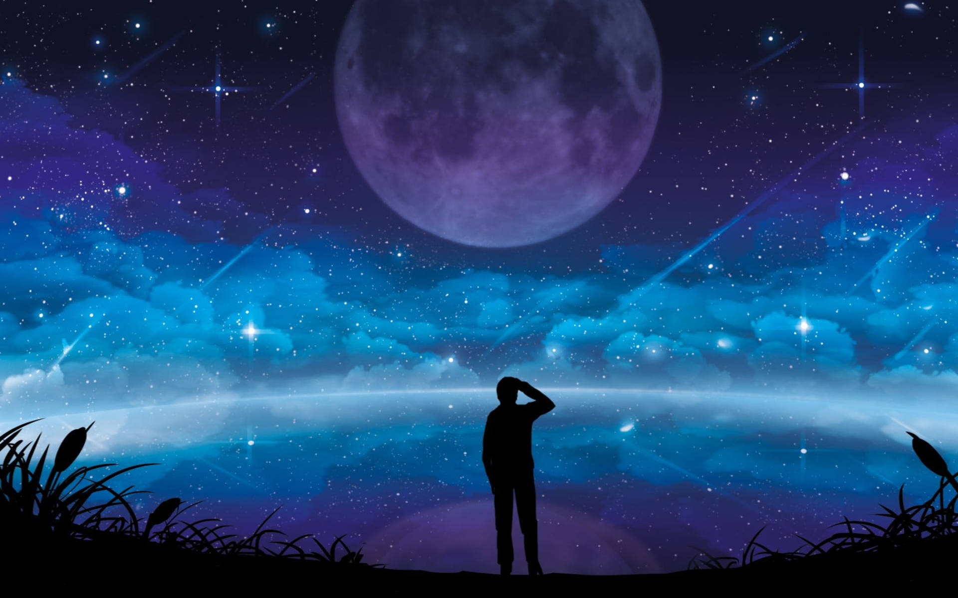 Galaxy Moon, man silhouette, purple moon, Full HD Desktop Wallpaper