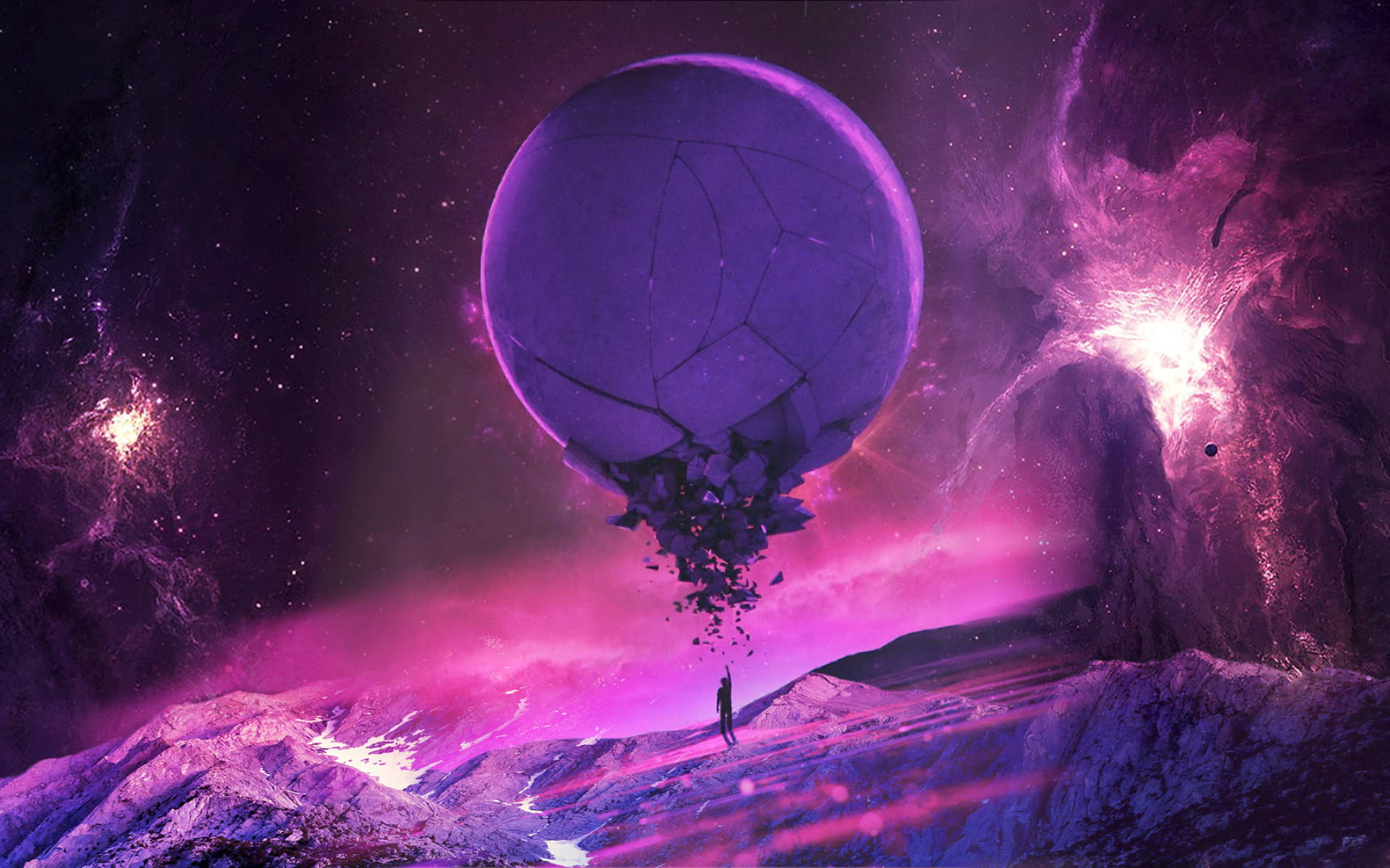 Galaxy Moon, purple mountain, giant cracked sphere, Full HD Desktop Wallpaper