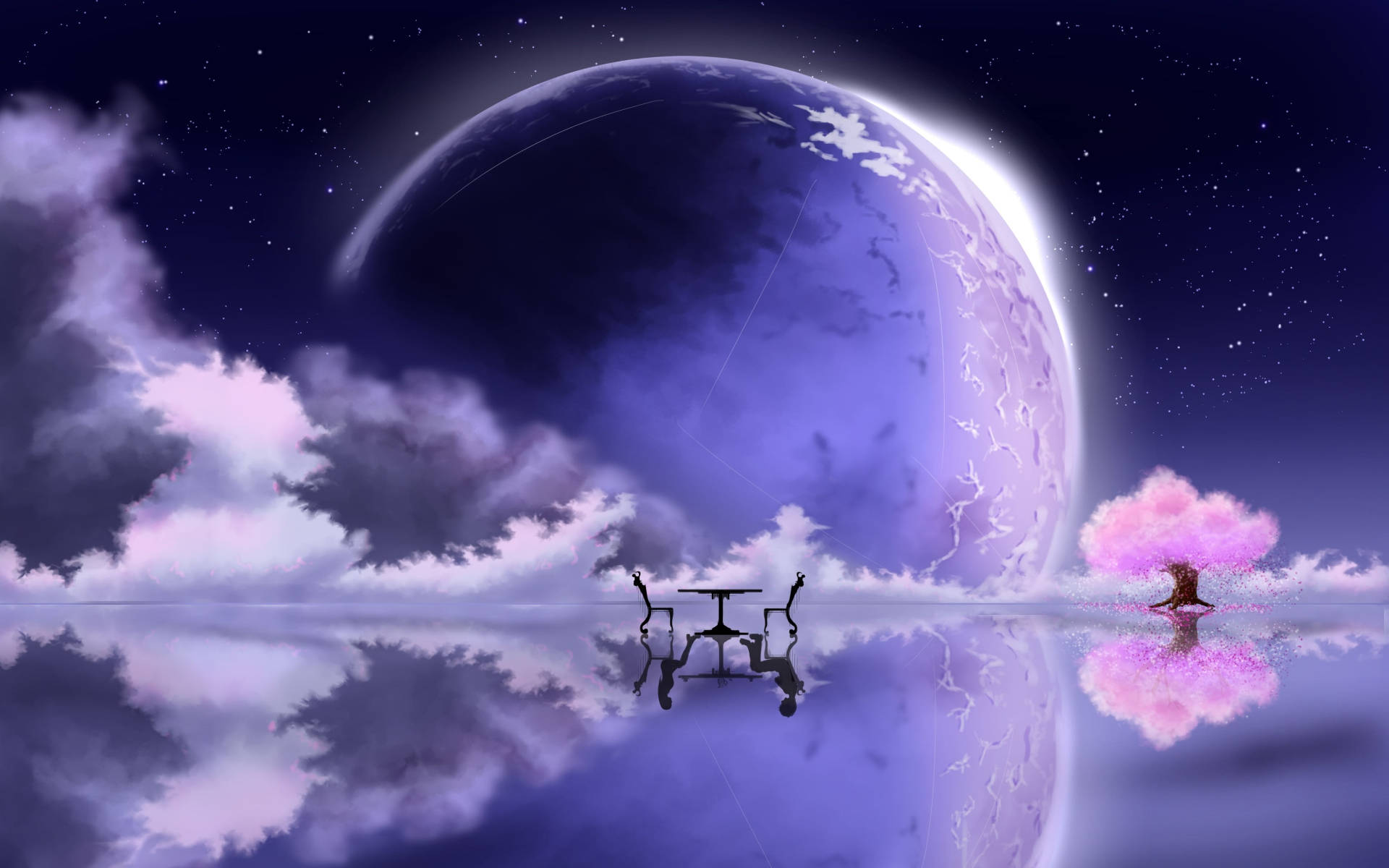 Galaxy Moon, lake, colossal glowing purple planet, Full HD Desktop Wallpaper