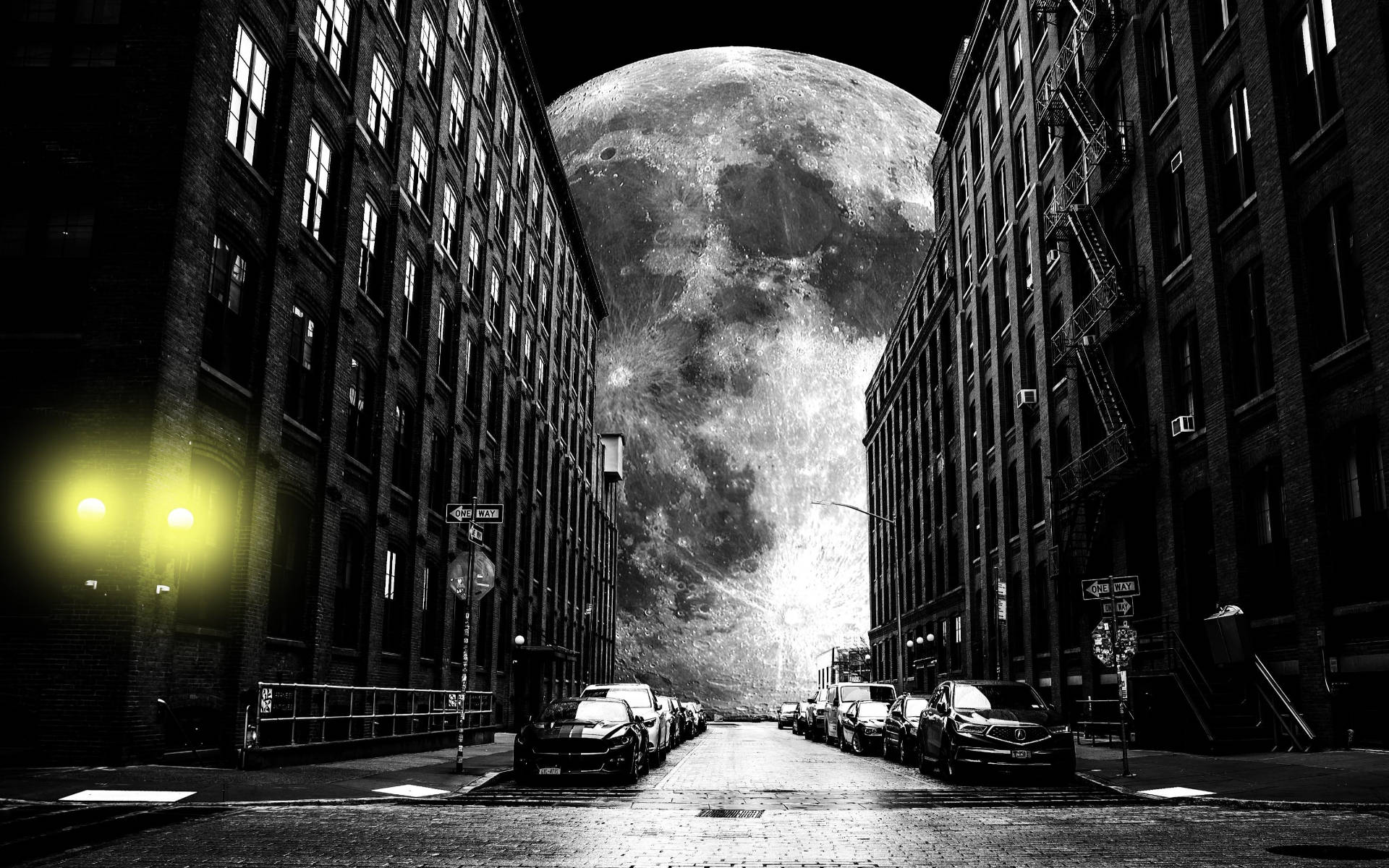 grayscale galaxy moon, city street, towering brick buildings, Full HD Desktop Wallpaper