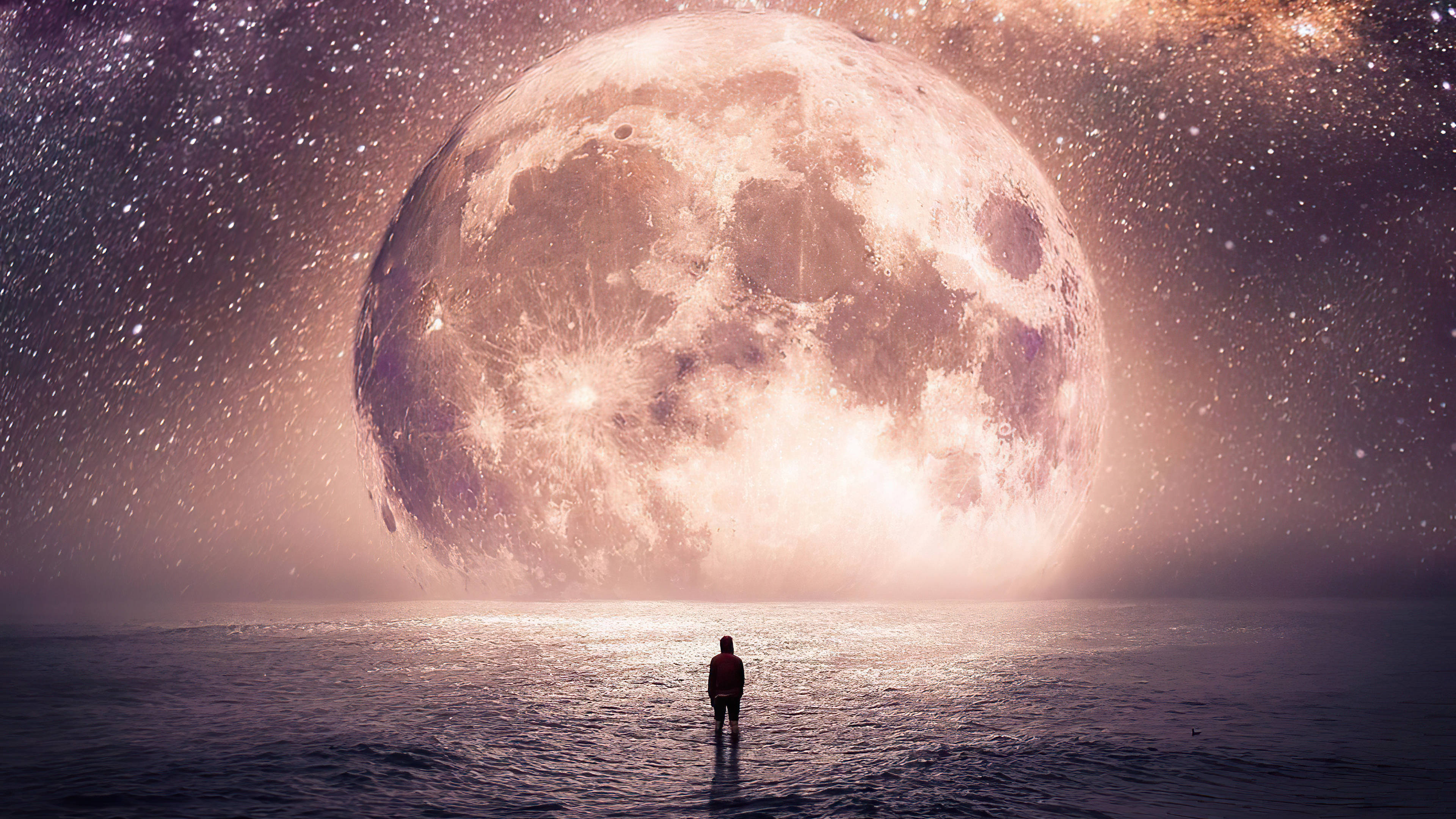 Galaxy Moon, sea, colossal glowing moon, 4K Desktop Wallpaper