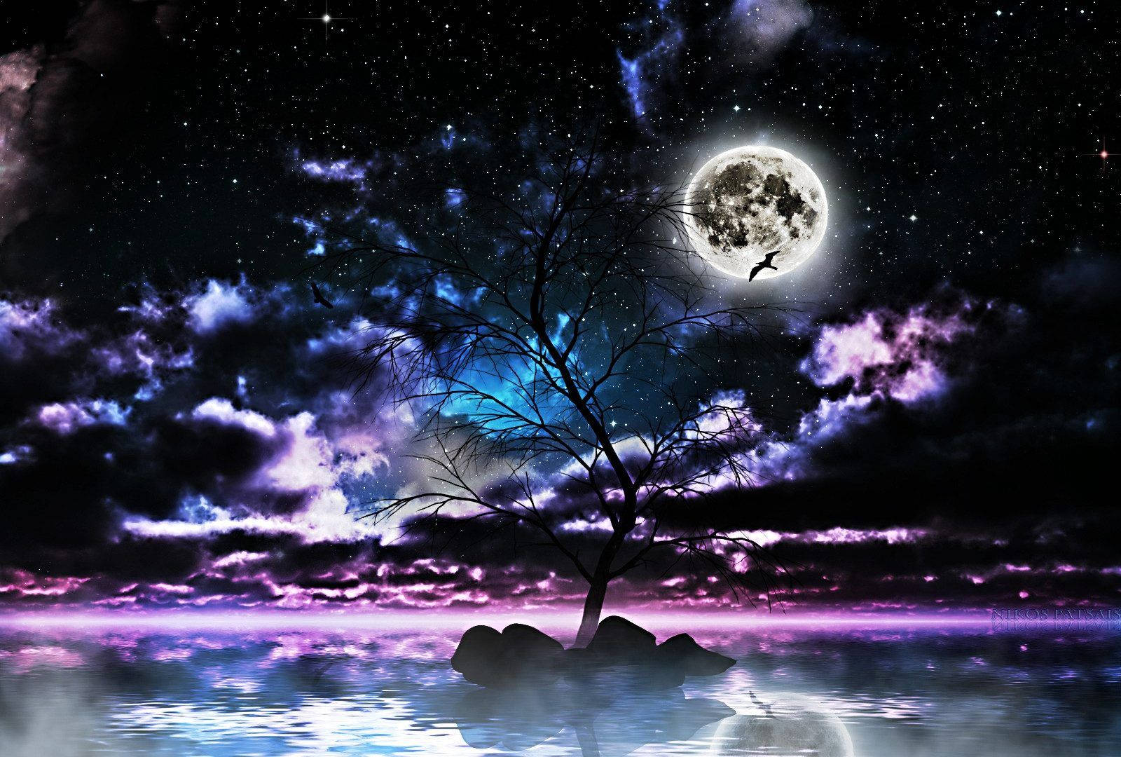 Galaxy Moon, vibrant purple and blue starry night sky, glowing full moon, HD Desktop Wallpaper
