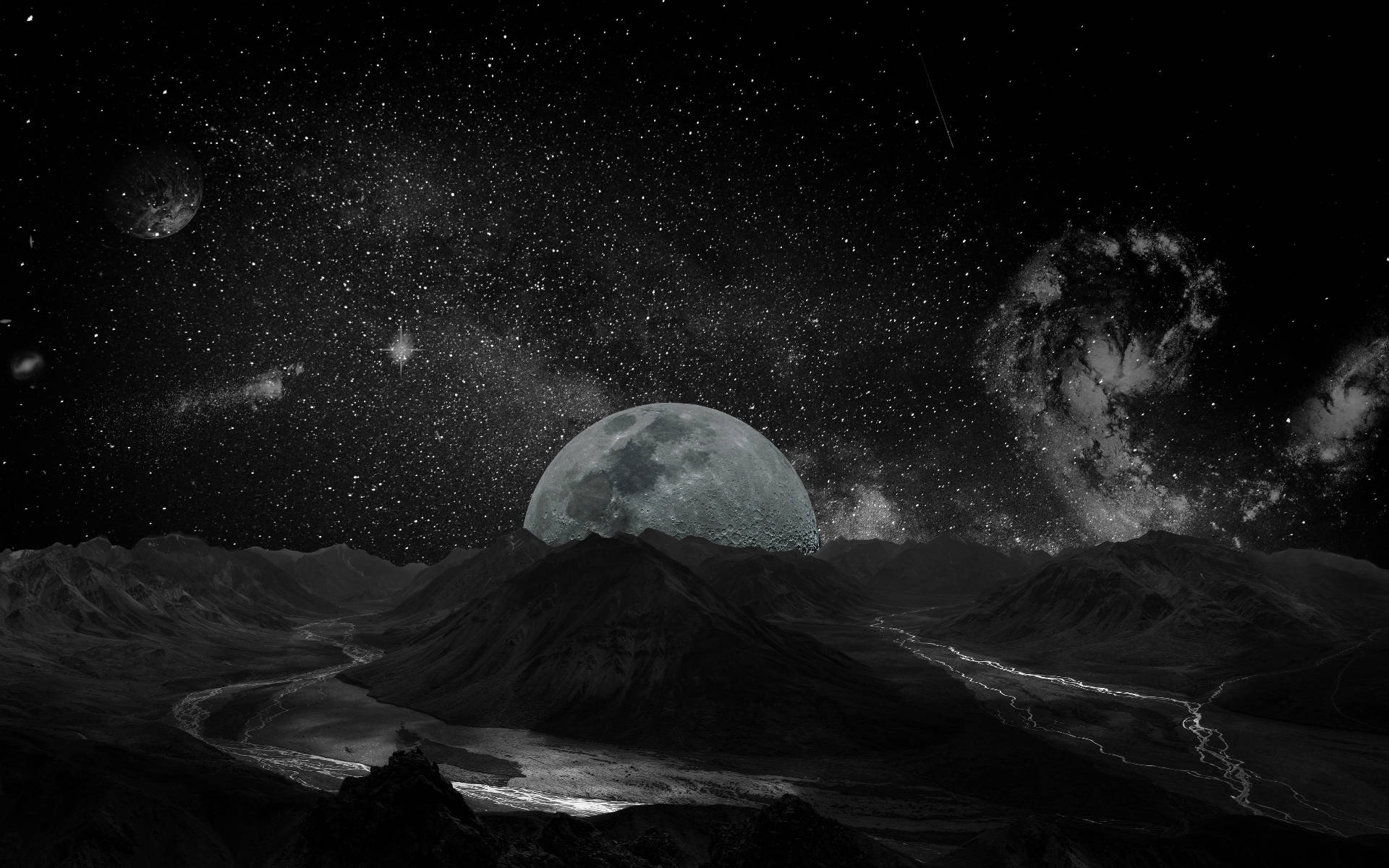Galaxy Moon, jagged mountains, massive moon, Full HD Desktop Wallpaper