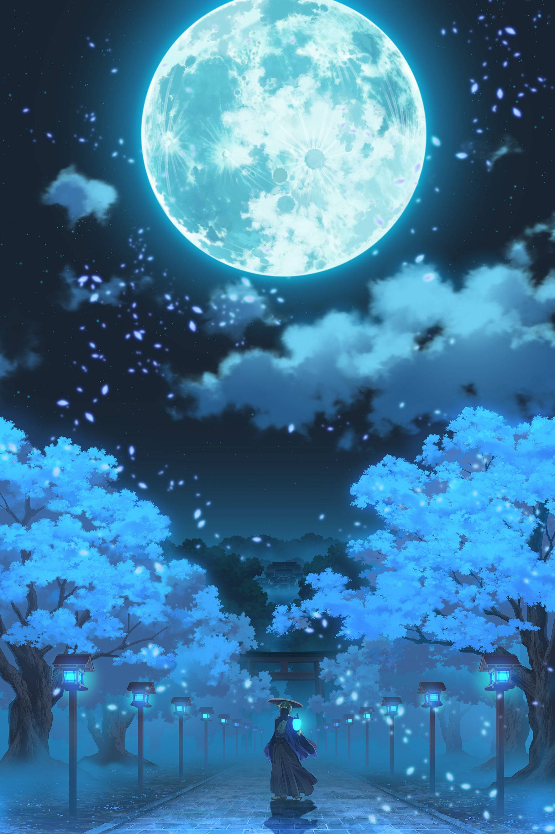 Galaxy Moon, glowing blue moon, luminous cherry trees, 2K Phone Wallpaper