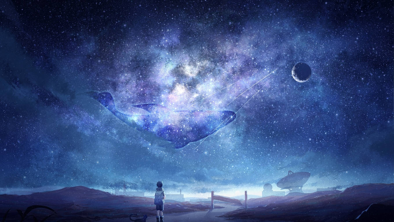 Galaxy Moon, whale-shaped nebula, starry cosmic sky, HD Desktop Wallpaper