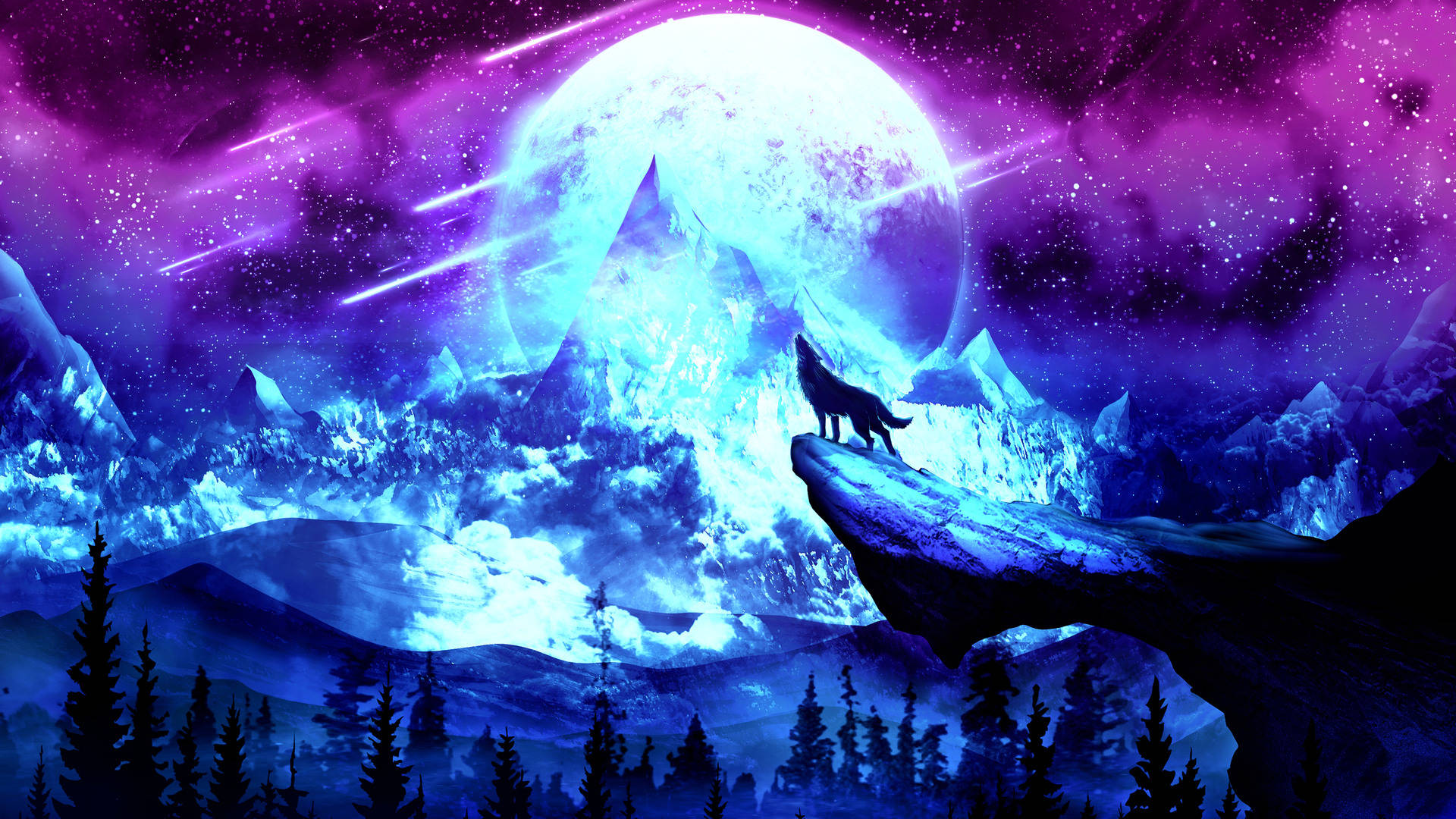 Galaxy Moon, wolf, glowing blue moon, Full HD Desktop Wallpaper