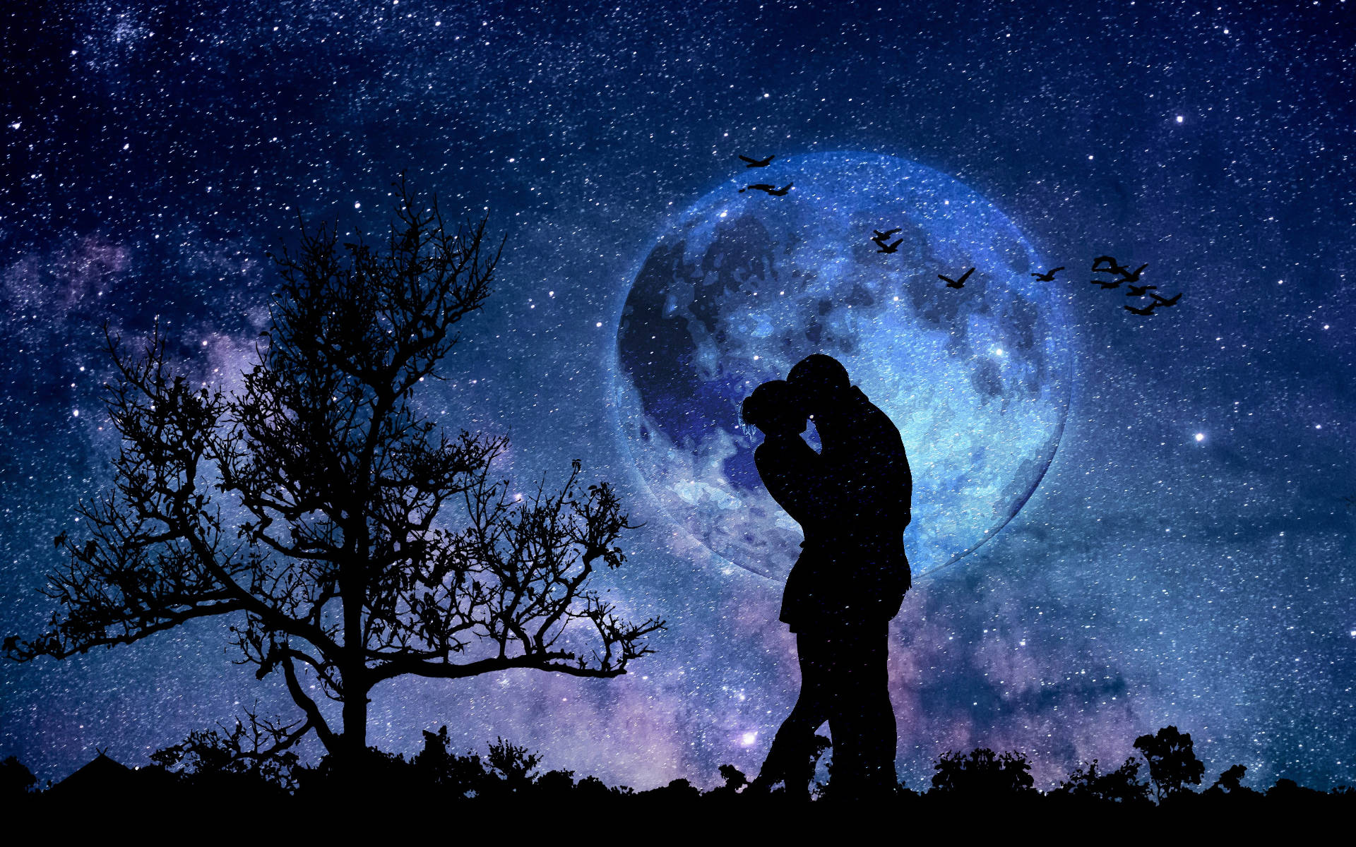 Galaxy Moon, silhouette, couple embracing, Full HD Desktop Wallpaper