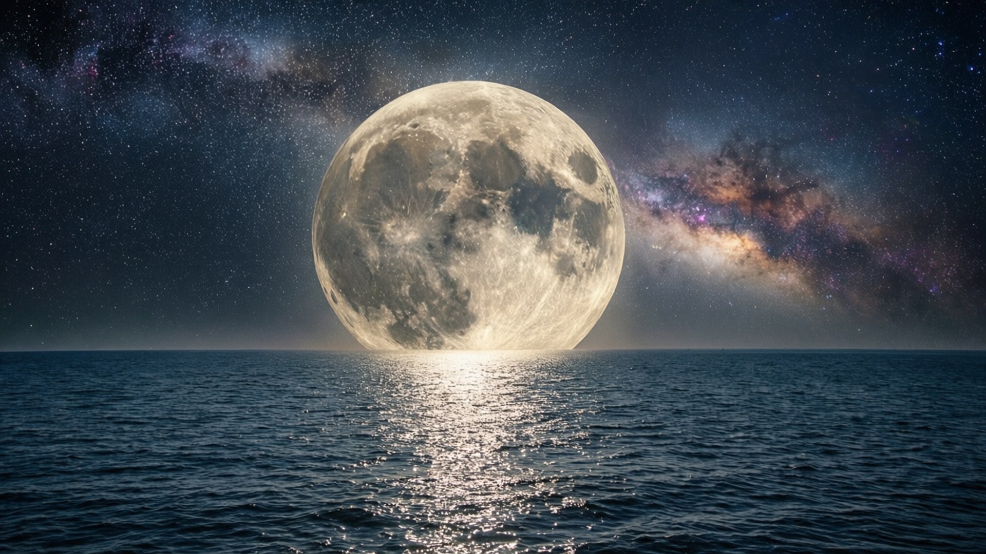 Ocean Moon Rise, colossal moon, dark ocean, Full HD Desktop Wallpaper