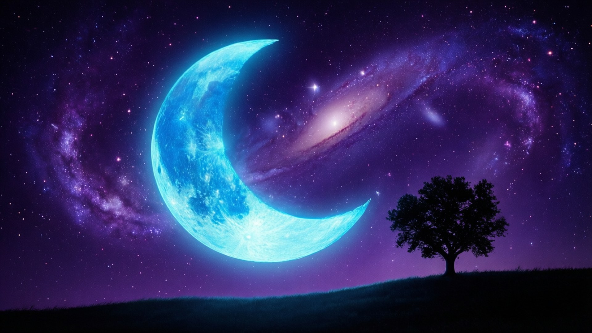 neon crescent tree, glowing blue crescent moon, solitary tree, Full HD Desktop Wallpaper