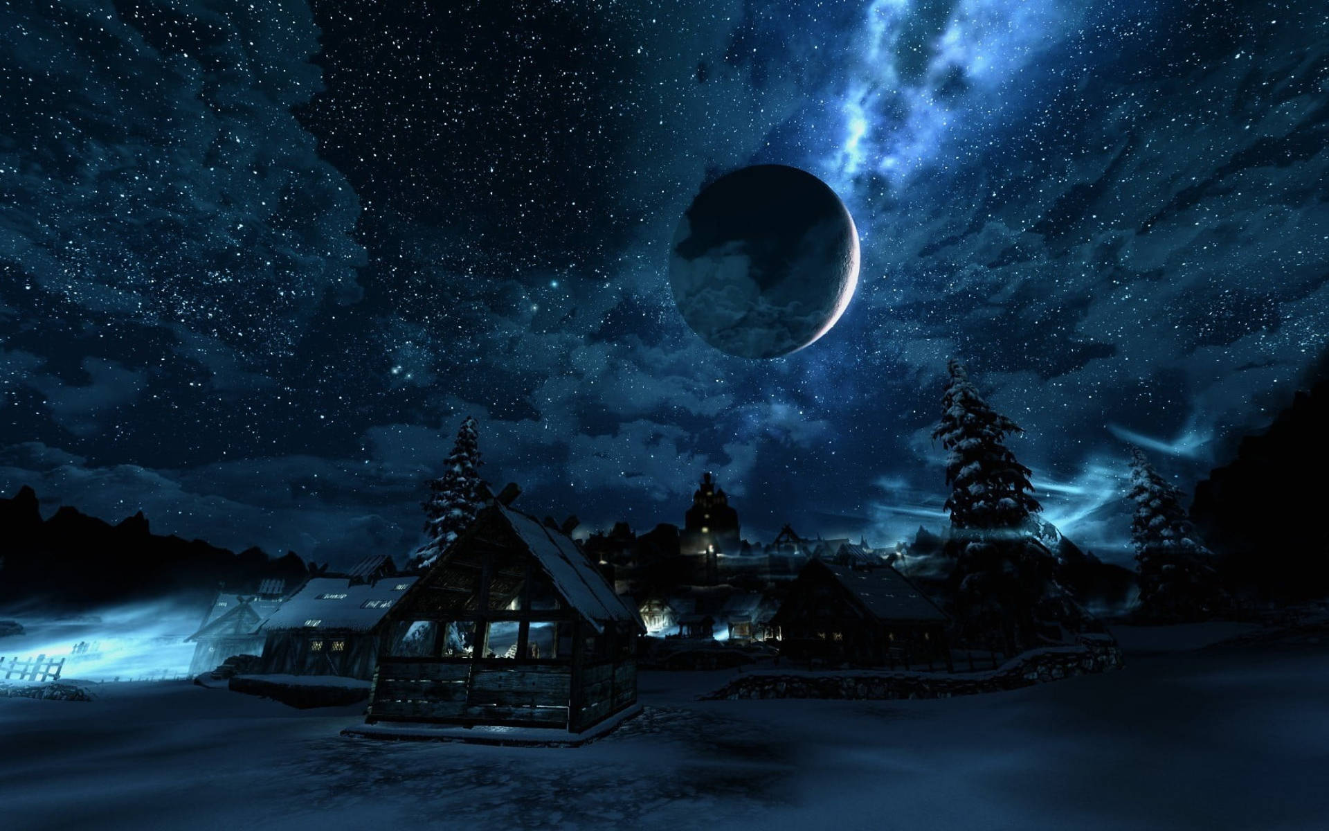 Galaxy Moon, snowy village, starry night sky, Full HD Desktop Wallpaper