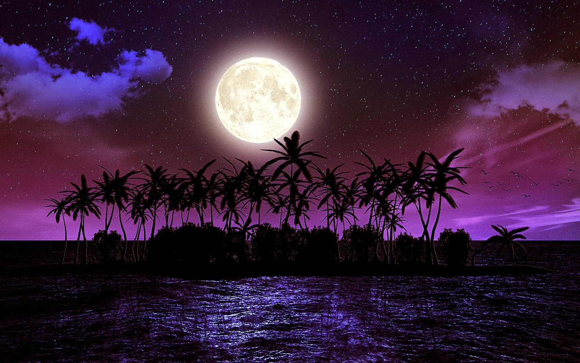 Galaxy Moon, tropical island, vibrant purple, Full HD Desktop Wallpaper