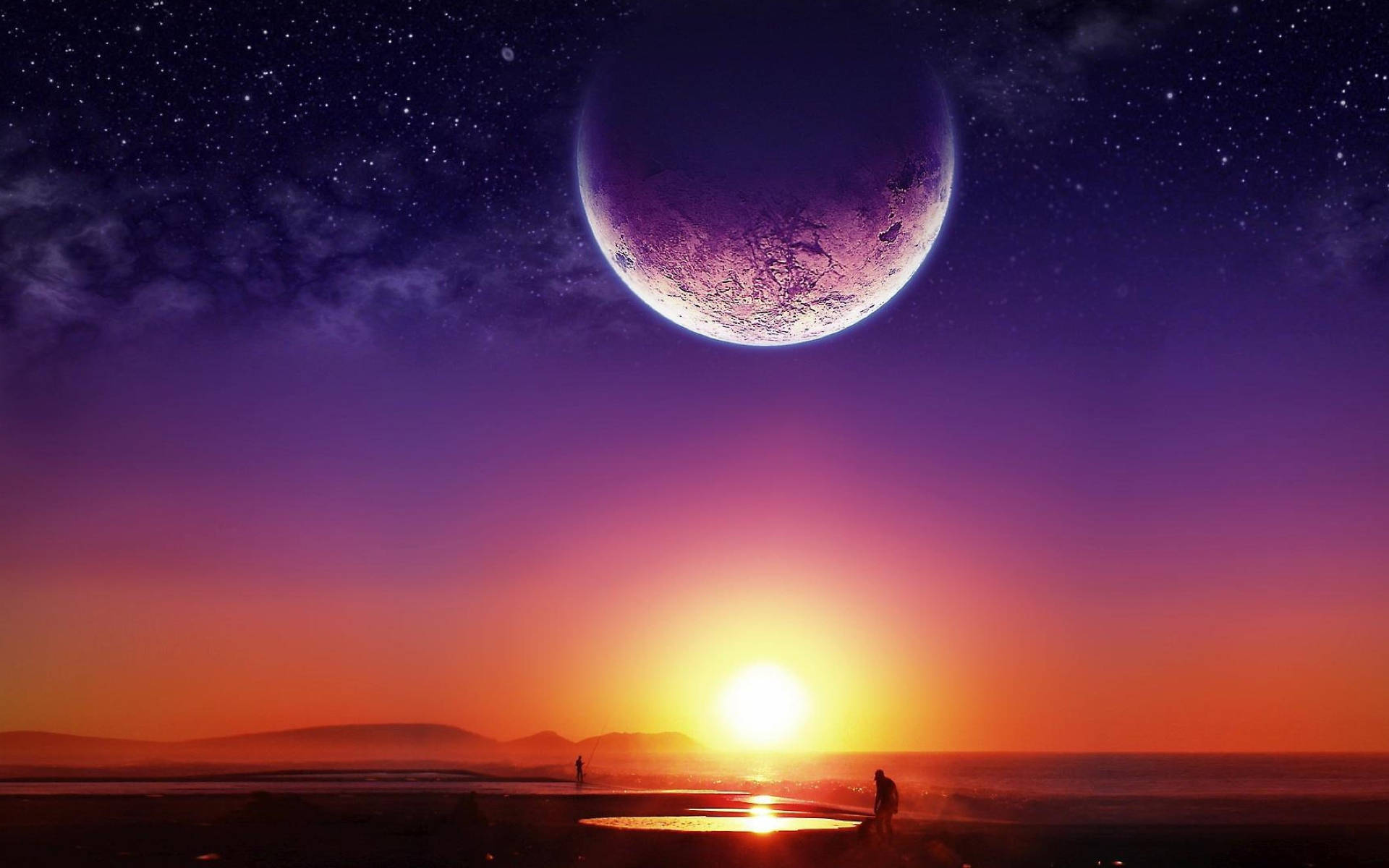 Galaxy Moon, sunset, purple planet, Full HD Desktop Wallpaper