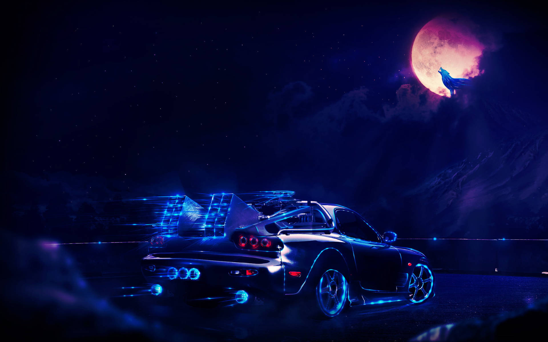 fast car, galaxy moon, glowing blue sports car, Full HD Desktop Wallpaper