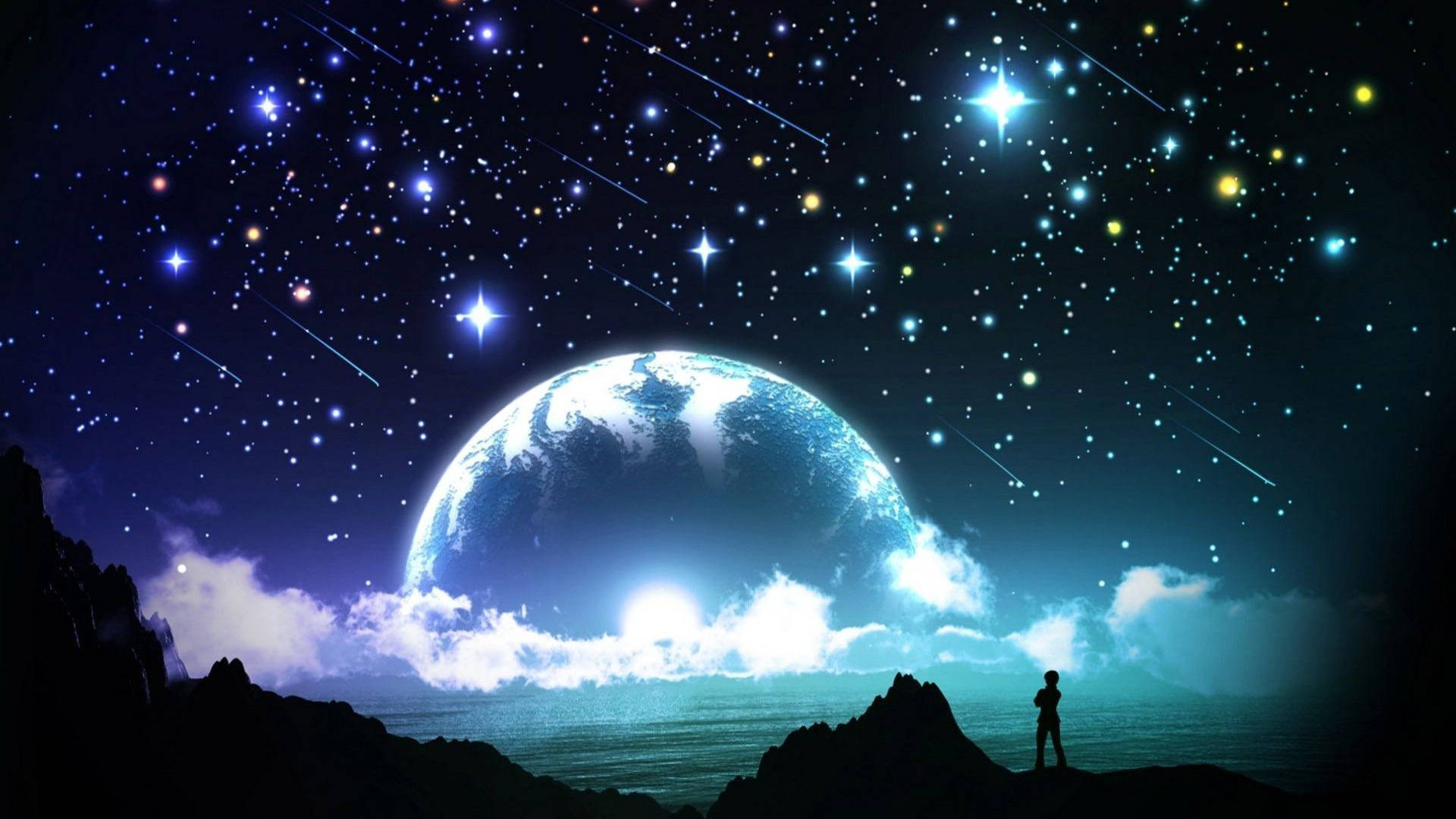 Galaxy Moon, sparkly stars, glowing blue Earth, Full HD Desktop Wallpaper