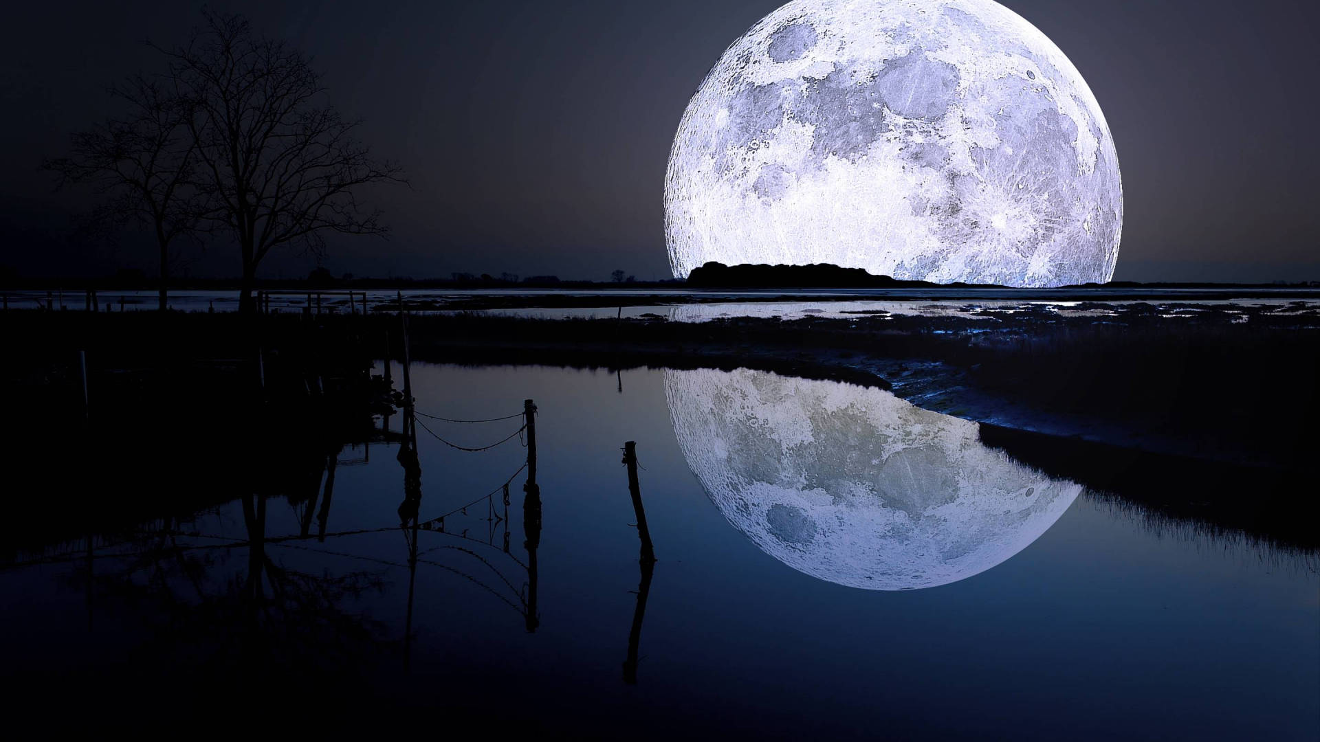 Galaxy Moon, night, dark wetland, Full HD Desktop Wallpaper