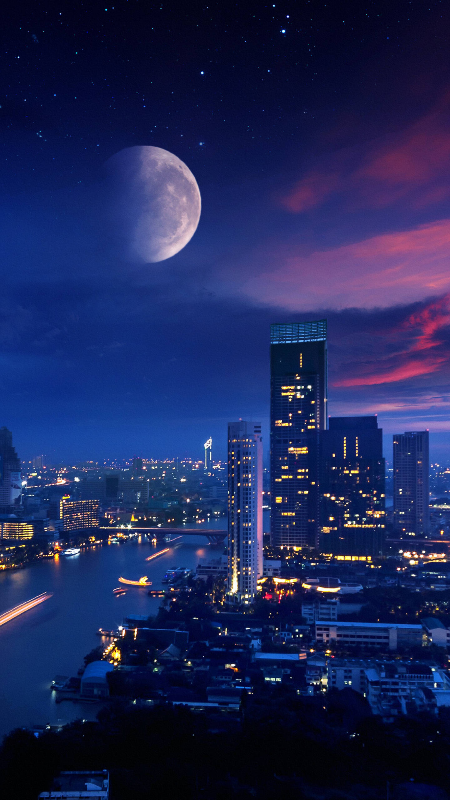 Galaxy Moon, cityscape, night, 2K Phone Wallpaper