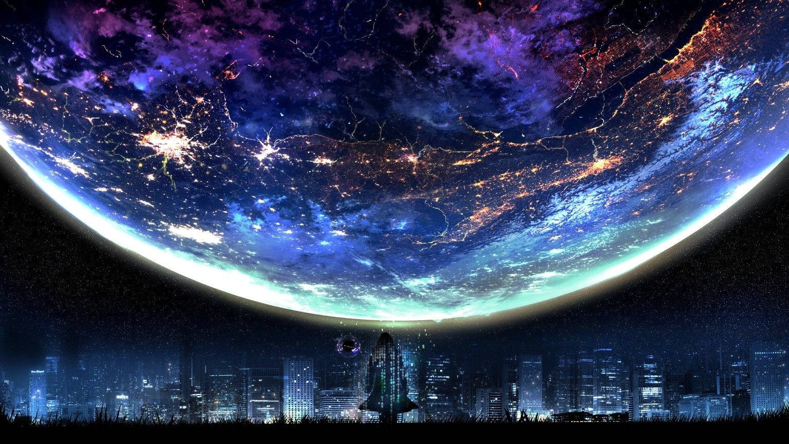 Galaxy Moon, futuristic city skyline, glowing planet, HD Desktop Wallpaper