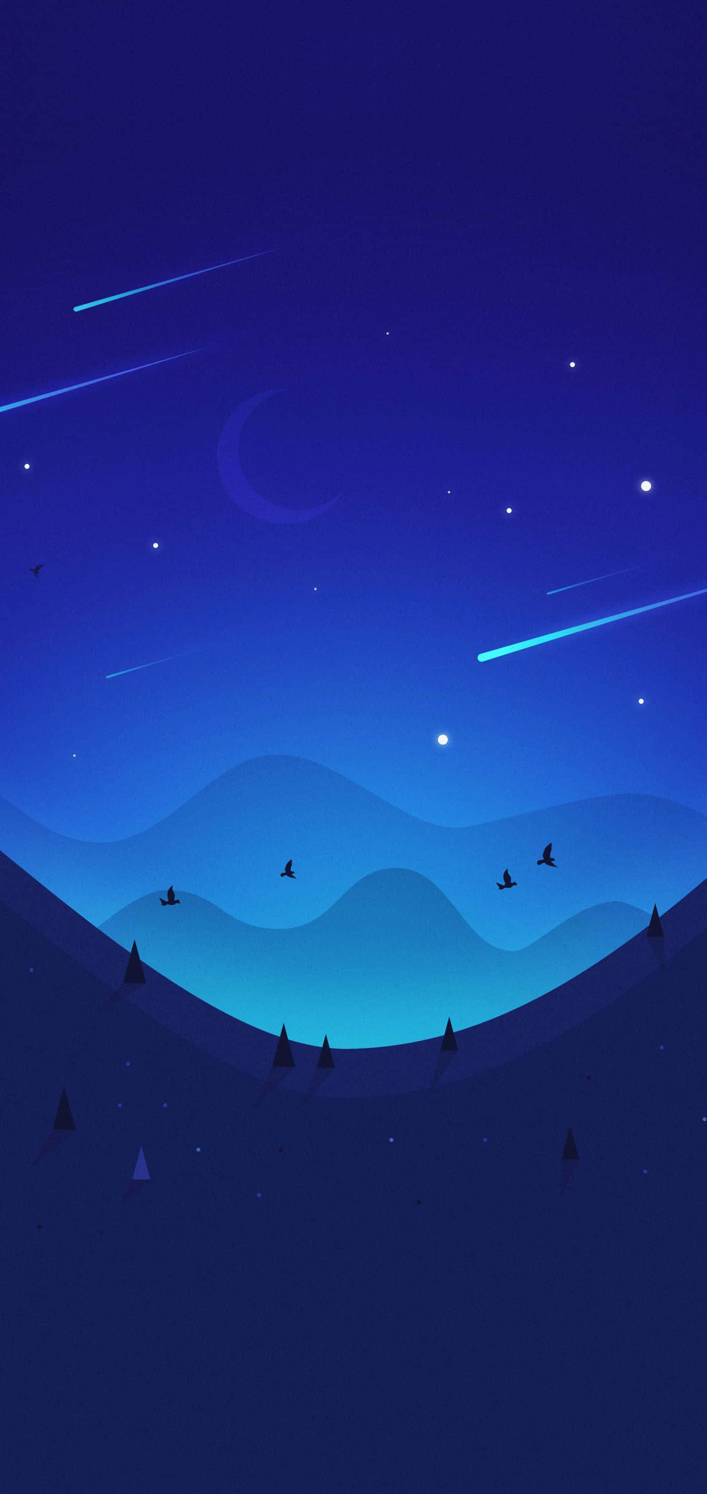 Galaxy Note, crescent moon, shooting stars, 2K Phone Wallpaper