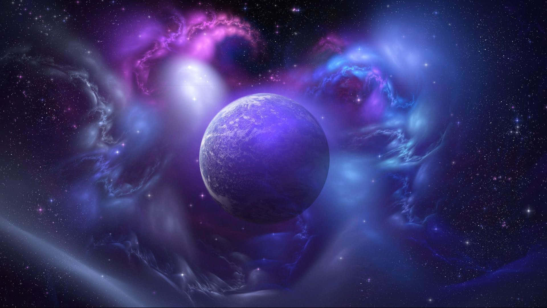 galaxy planet, glowing purple planet, swirling cosmic nebulae, Full HD Desktop Wallpaper