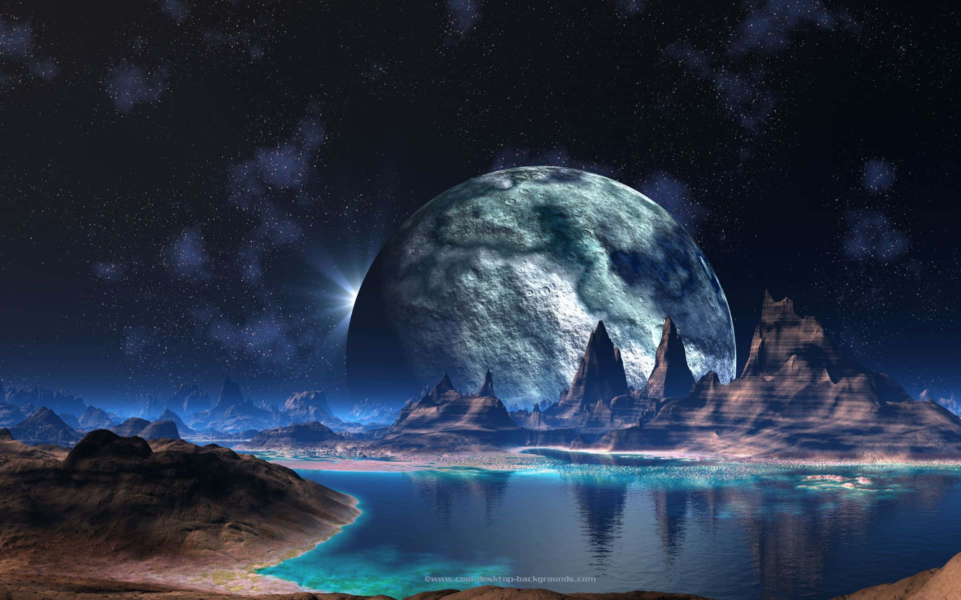 galaxy planet, turquoise lake, cratered moon, Full HD Desktop Wallpaper