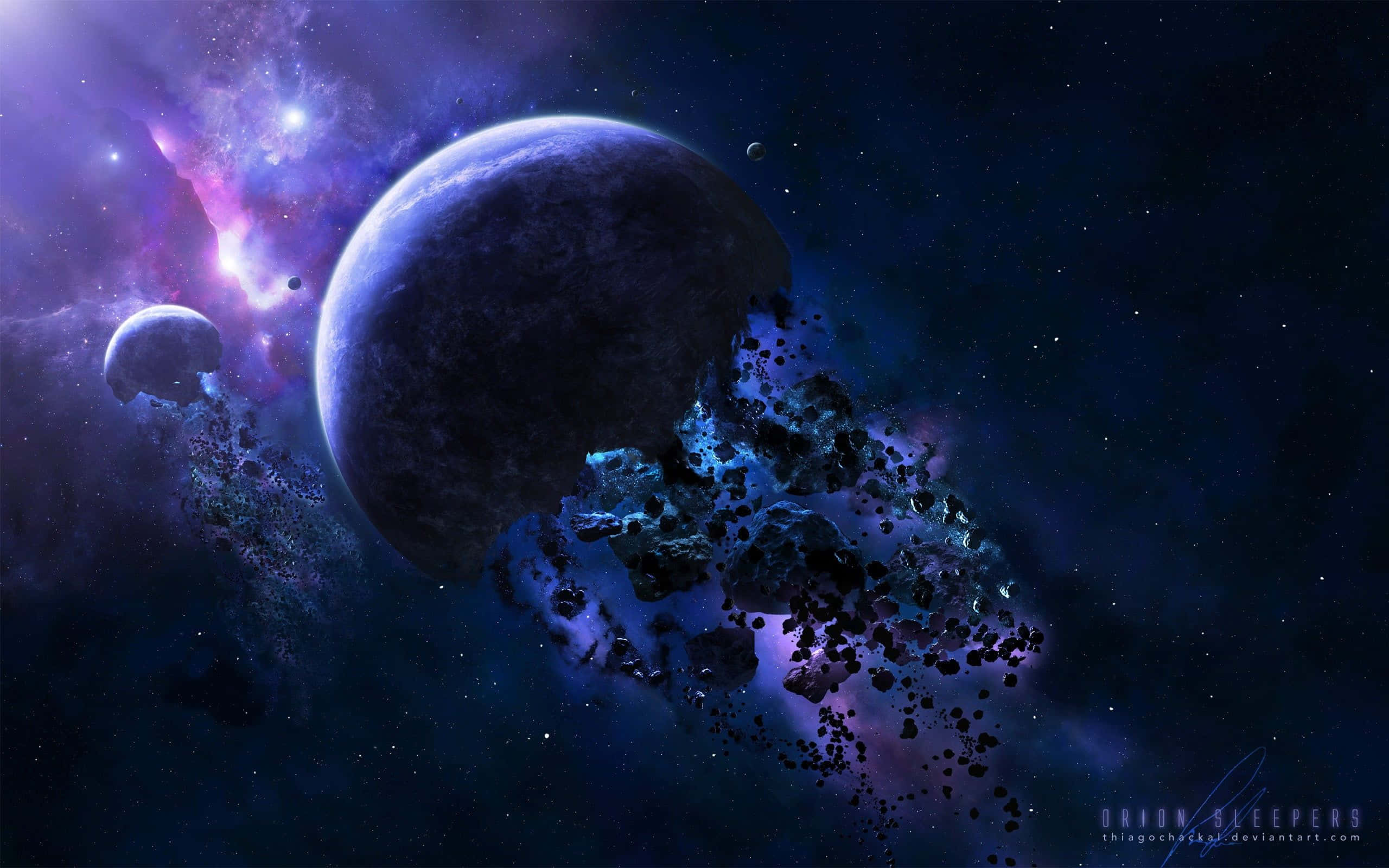 Galaxy Planet, dark planet, trailing asteroid field, 2K Desktop Wallpaper
