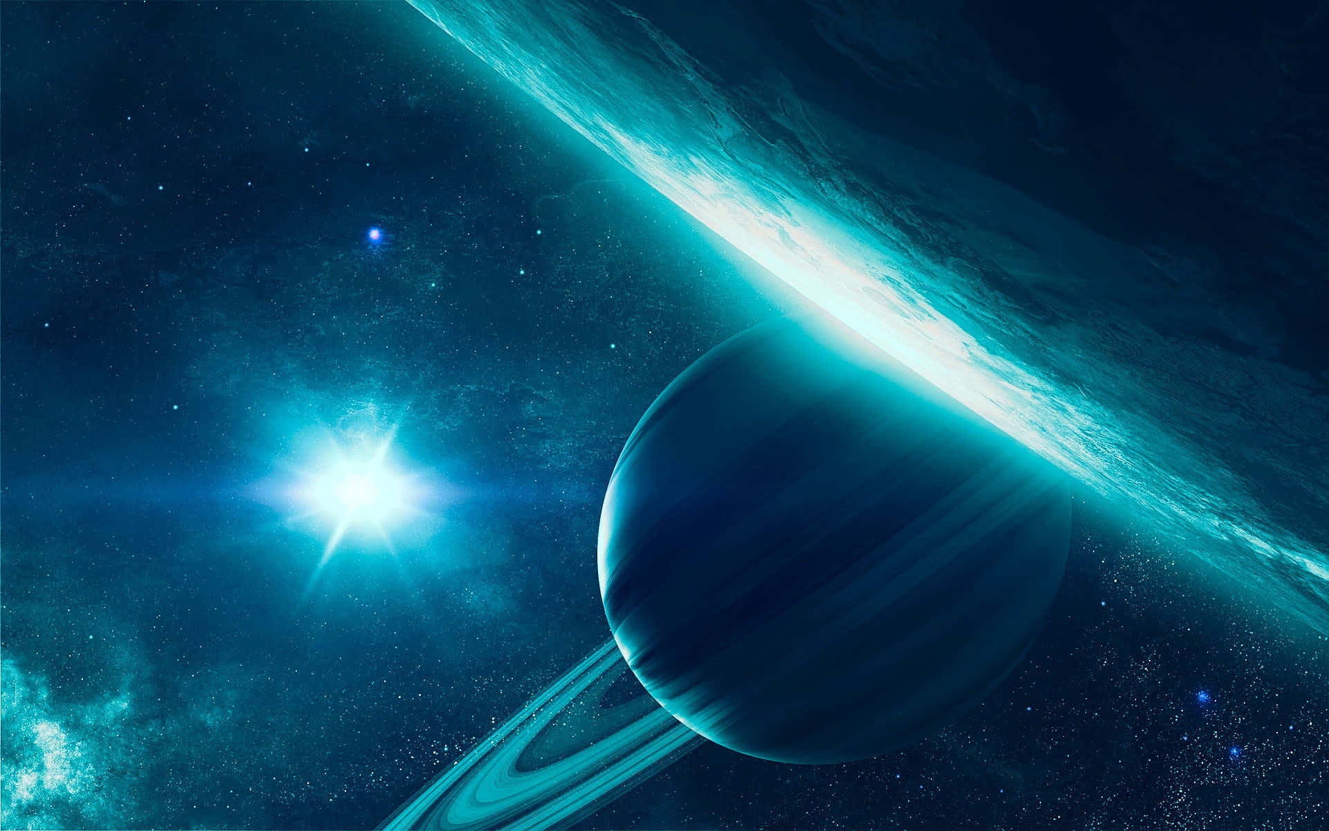 galaxy planet, glowing blue planet, rings, Full HD Desktop Wallpaper