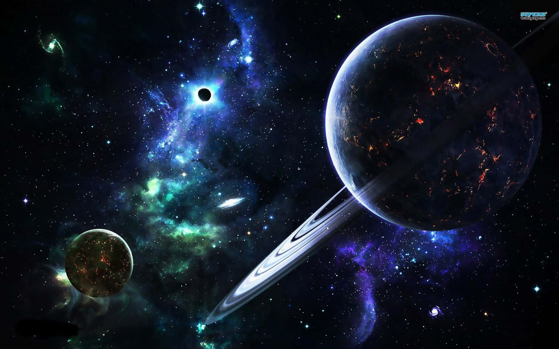 Galaxy Planet, ringed planet, glowing surface eruptions, Full HD Desktop Wallpaper