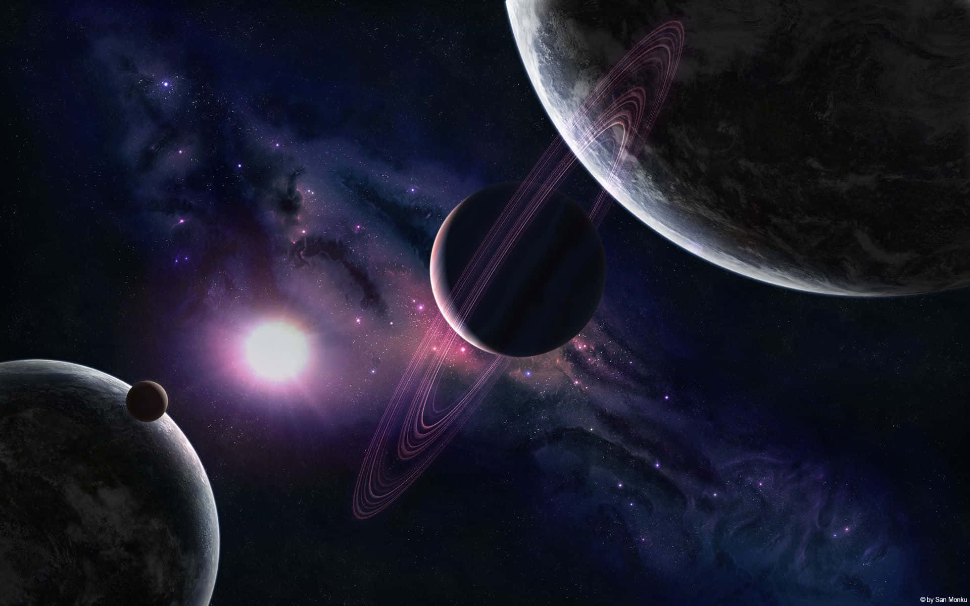 Galaxy Planet, glowing nebulae, ringed planets, Full HD Desktop Wallpaper