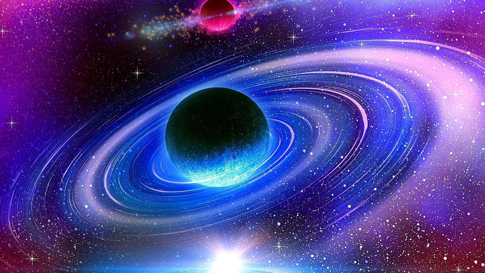 galaxy planet, glowing blue rings, starry purple and pink nebula, Full HD Desktop Wallpaper