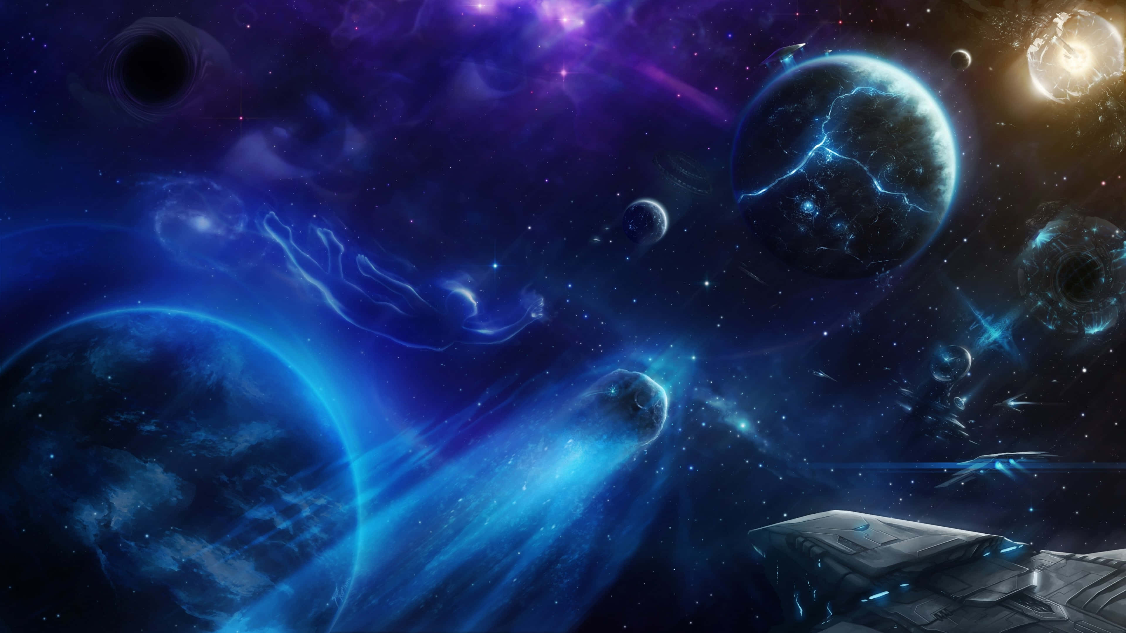 Galaxy Planet, futuristic spaceship, glowing planets, 4K Desktop Wallpaper
