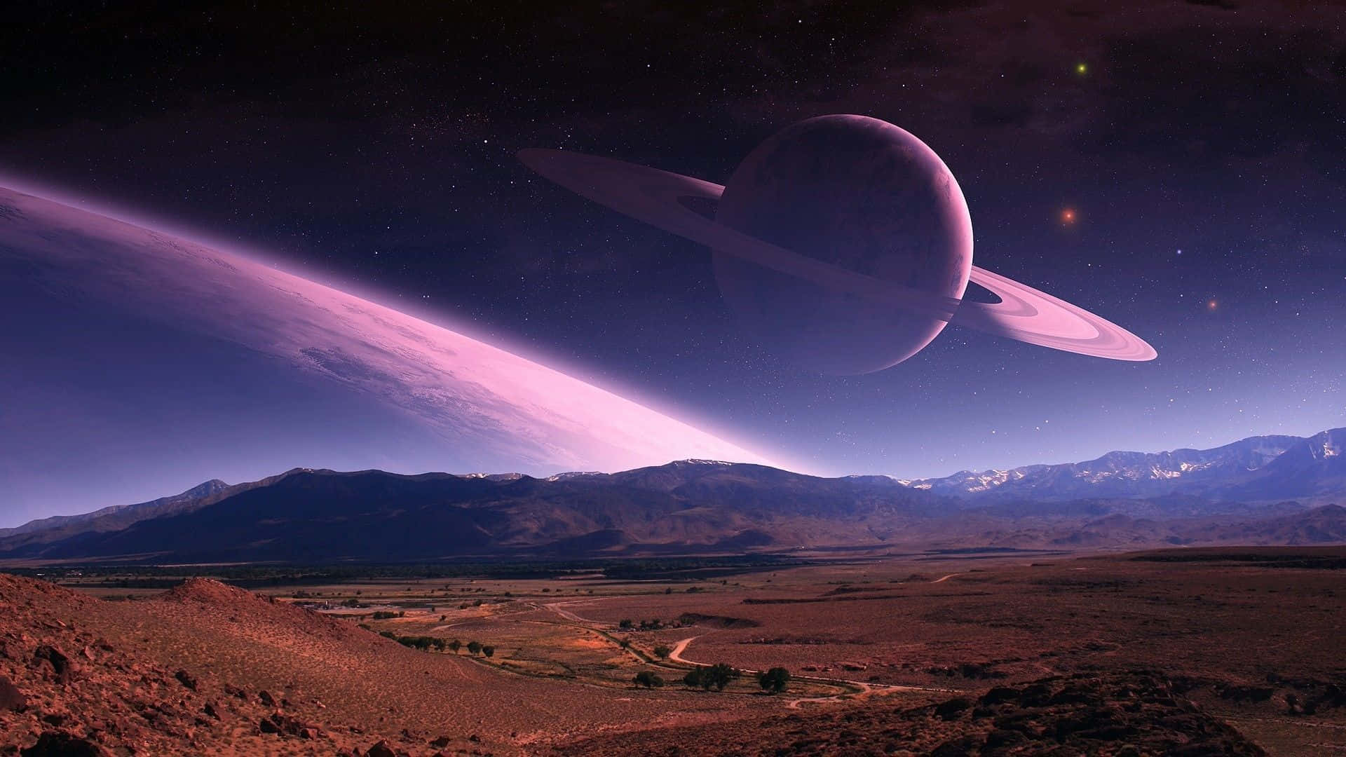 Galaxy Planet, purple mountains, giant ringed planet, Full HD Desktop Wallpaper