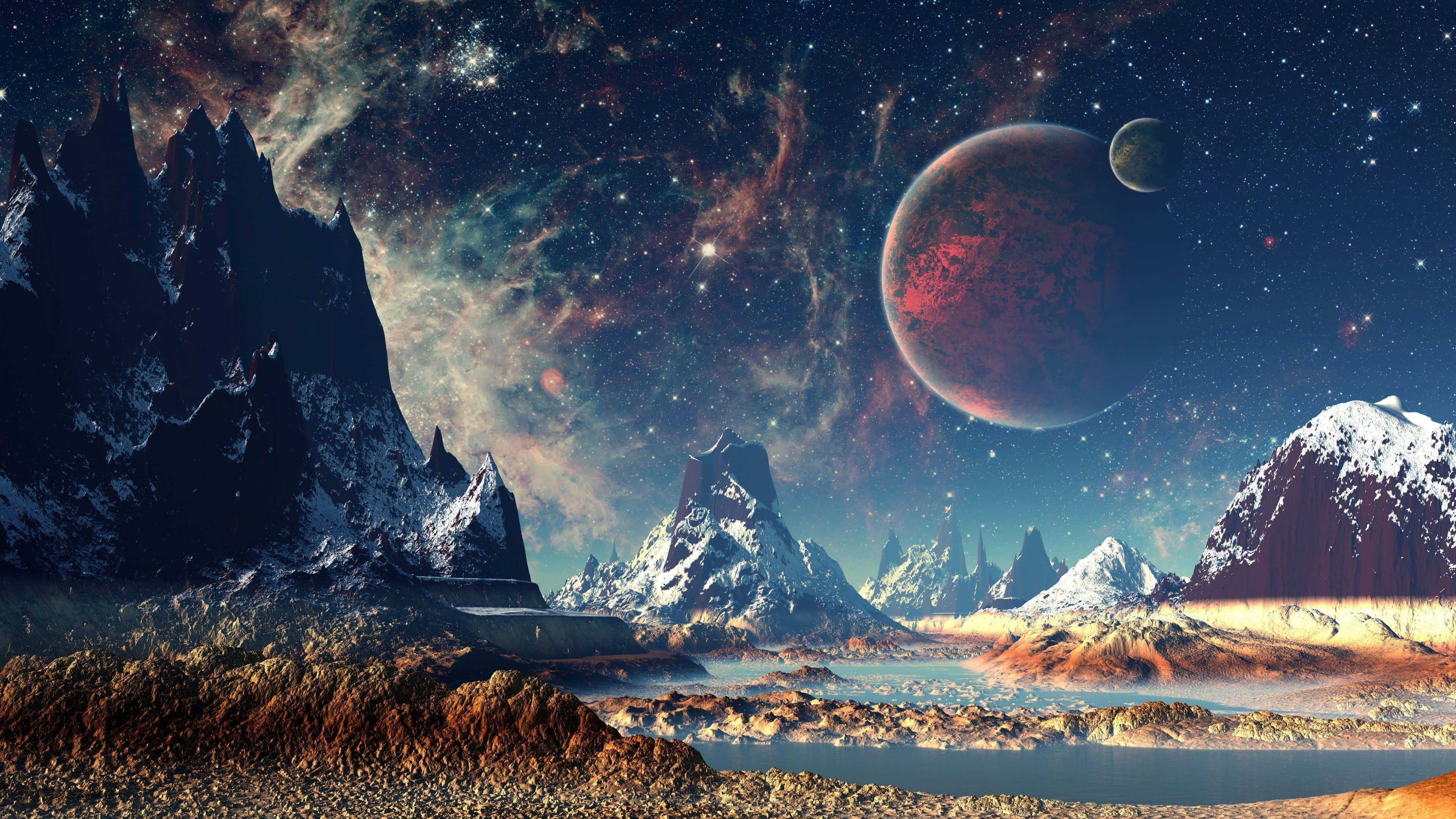 Galaxy Planet, snow-capped alien mountains, starry sky, 4K Desktop Wallpaper