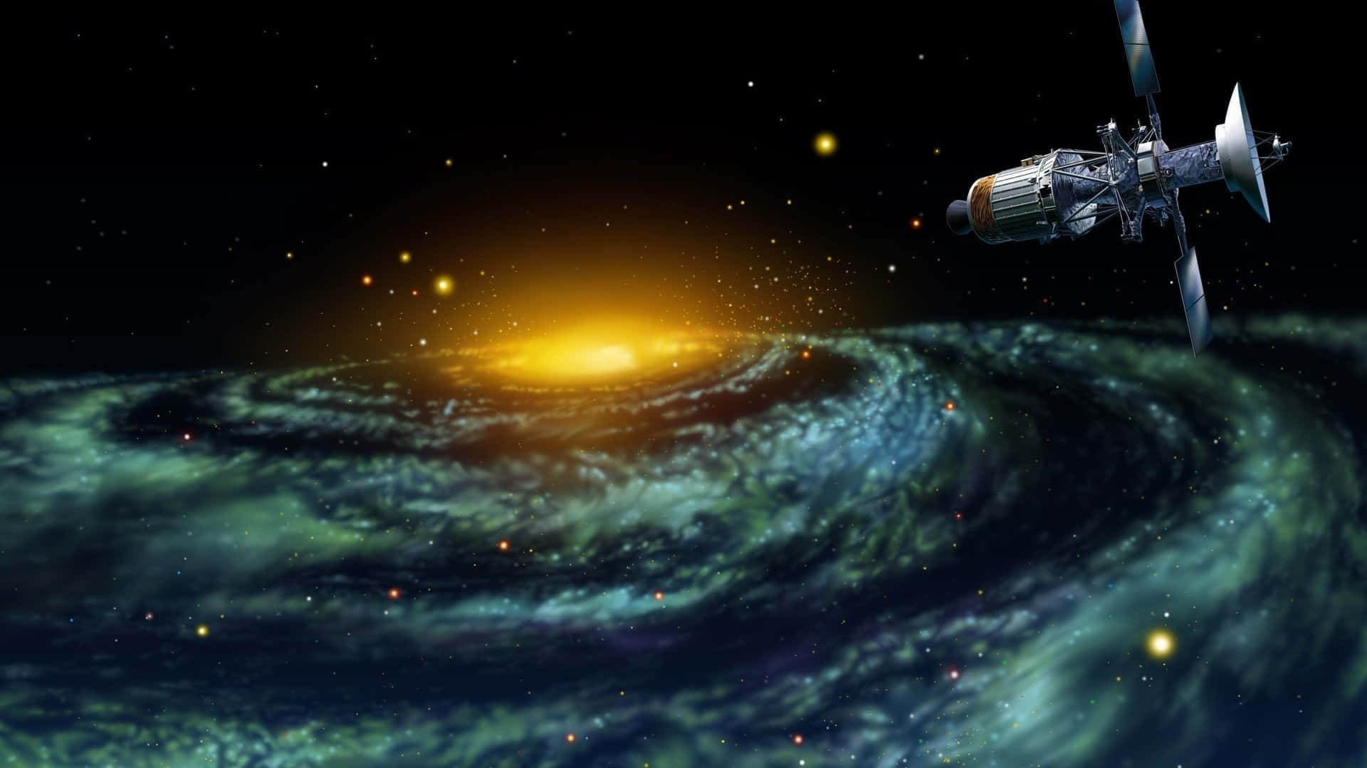 Galaxy Planet, glowing spiral galaxy, teal and gold cosmic dust, Full HD Desktop Wallpaper