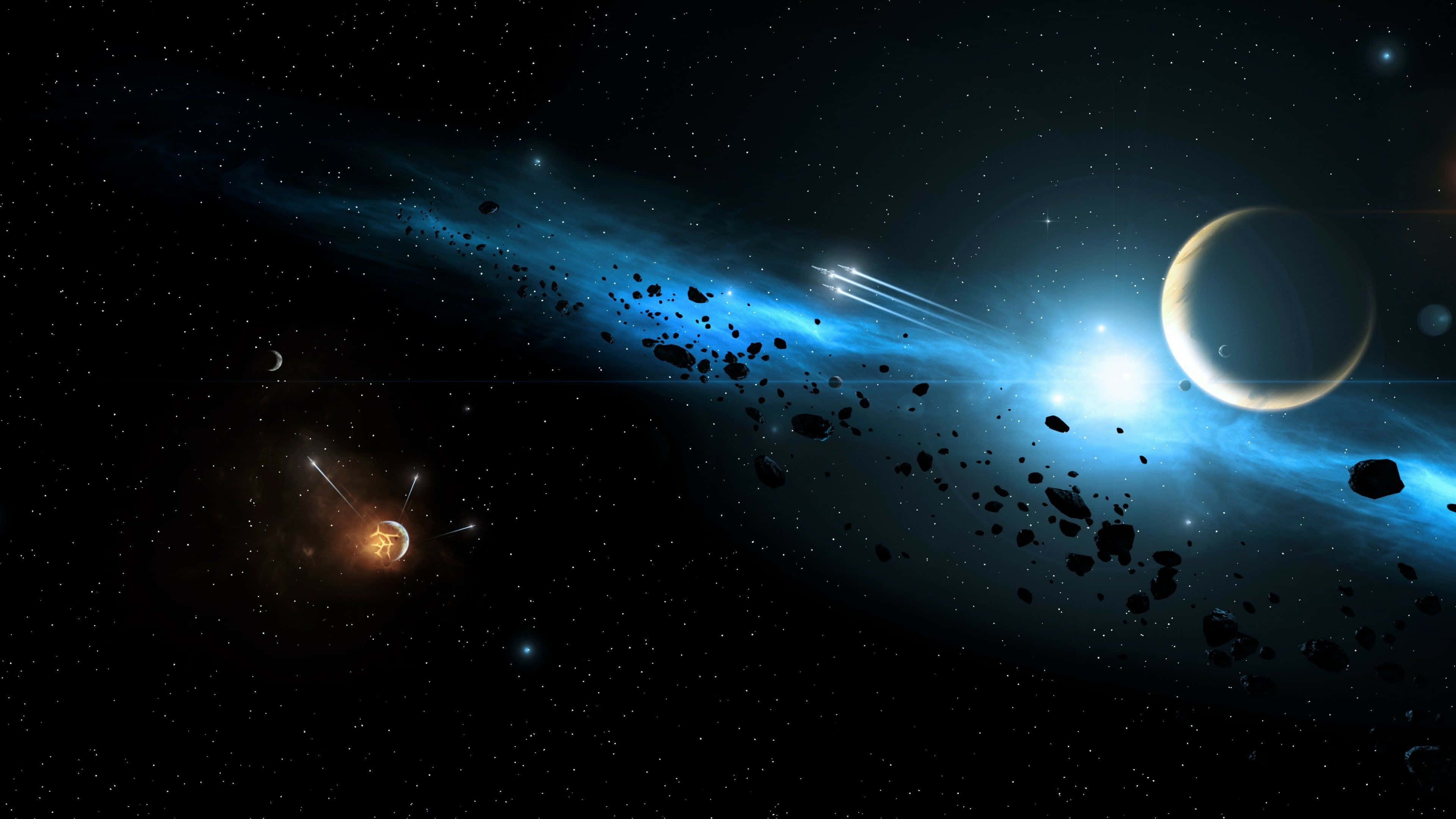 Galaxy Planet, glowing blue nebulae, asteroids, 4K Desktop Wallpaper