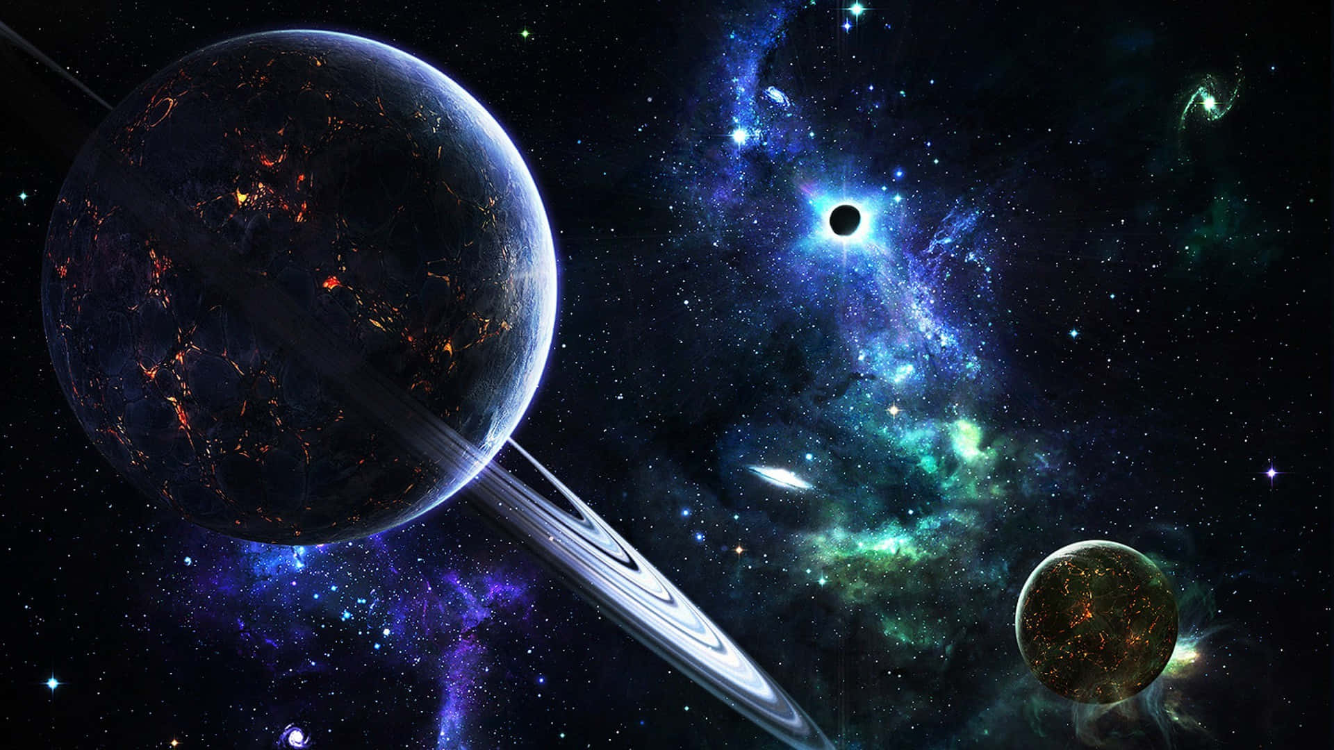 Galaxy Planet, ringed planet, glowing lava flows, Full HD Desktop Wallpaper