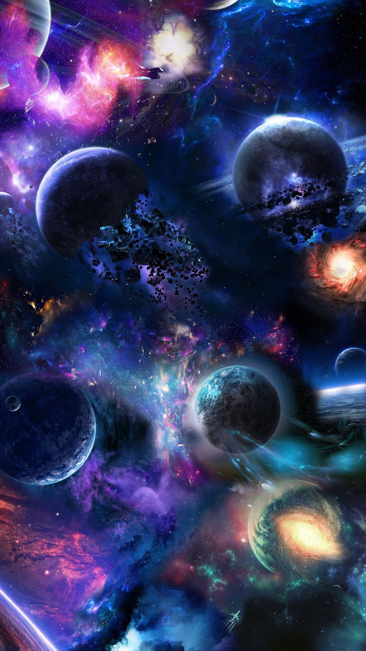 Galaxy With Planets Colorful 4K Phone, vibrant cosmic nebulae, floating planets, Full HD Phone Wallpaper