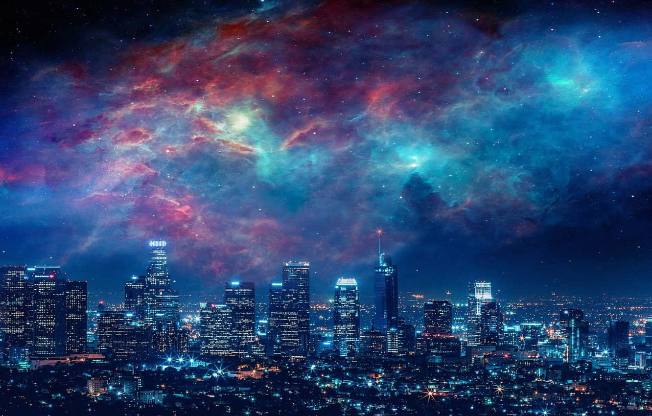Galaxy Sky, futuristic city skyline, night, HD Desktop Wallpaper