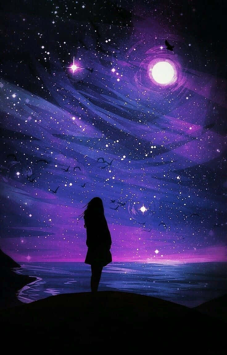 Galaxy Anime, bright moon, vibrant purple starry sky, SD Phone Wallpaper