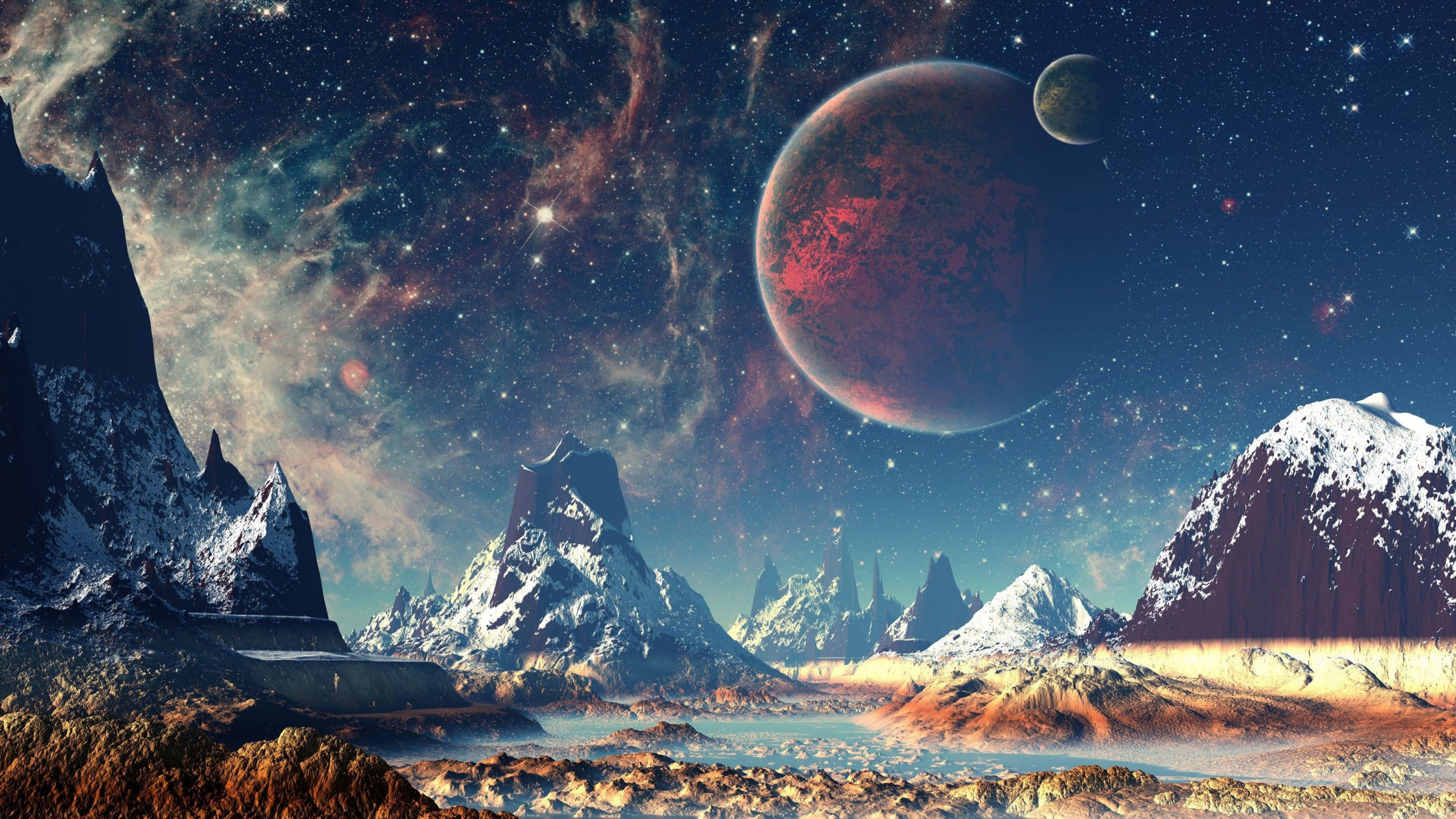 Galaxy Sky, snowcapped alien mountains, starry sky, 4K Desktop Wallpaper