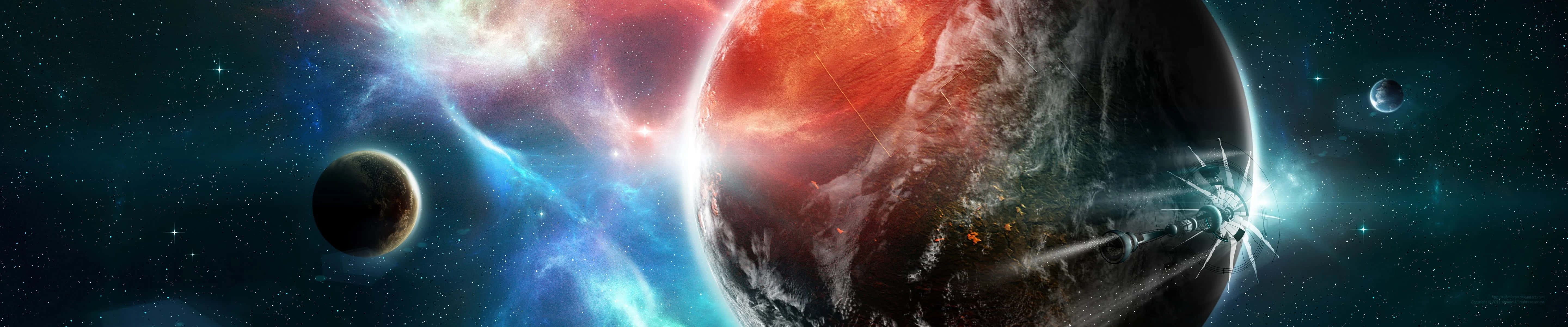 Red And Blue Dual Screen Space, fiery red planet, swirling cosmic clouds, 5K Desktop Wallpaper
