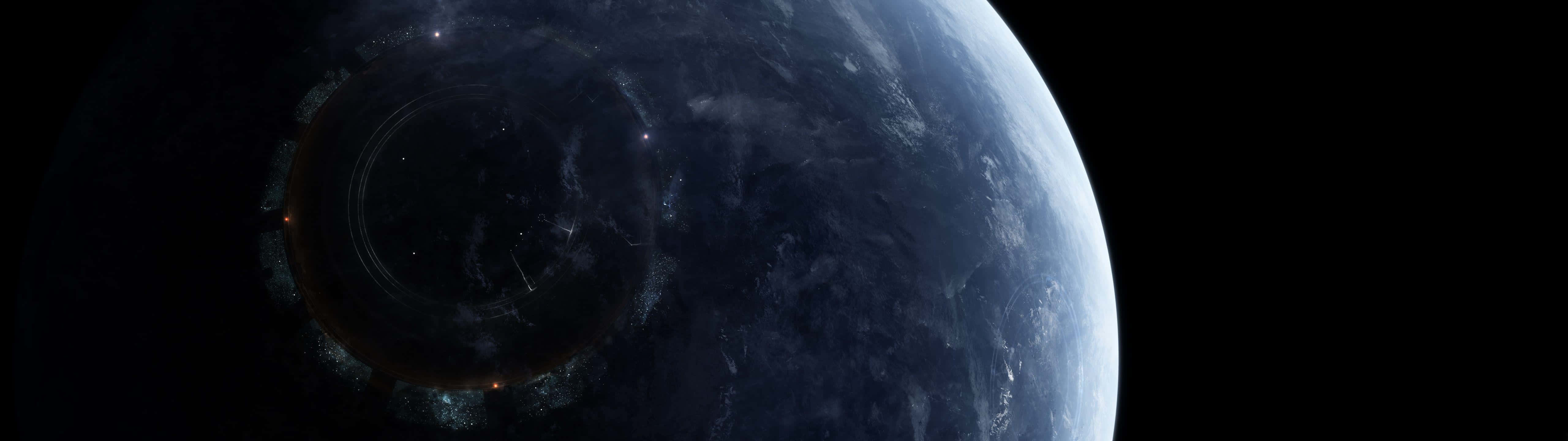 Dual Screen Space, ringed planet, glowing atmospheric bands, 5K Desktop Wallpaper